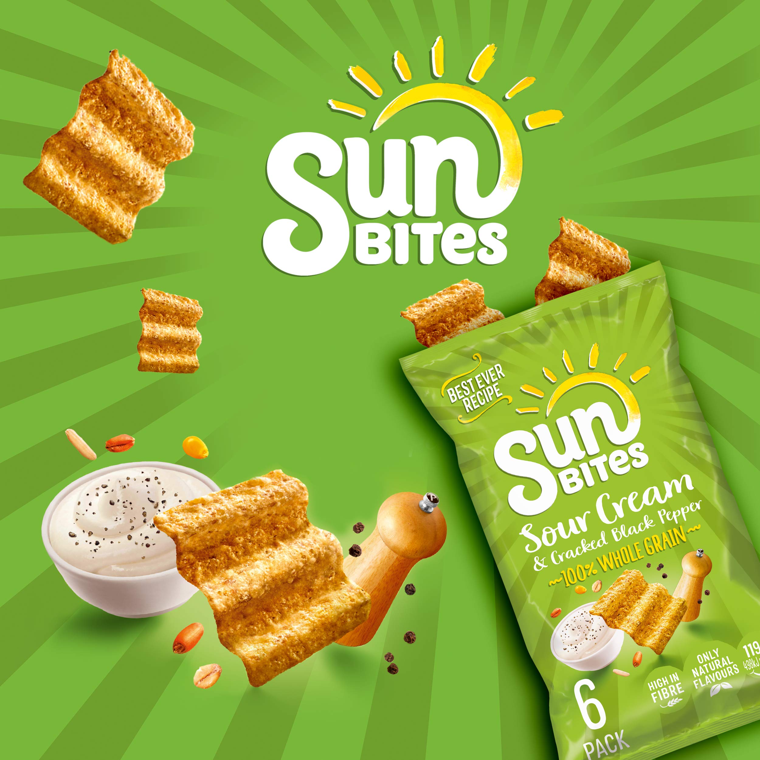 Sunbites Sour Cream & Cracked Black Pepper Wholegrain Snacks, 6x25g Multipack 3