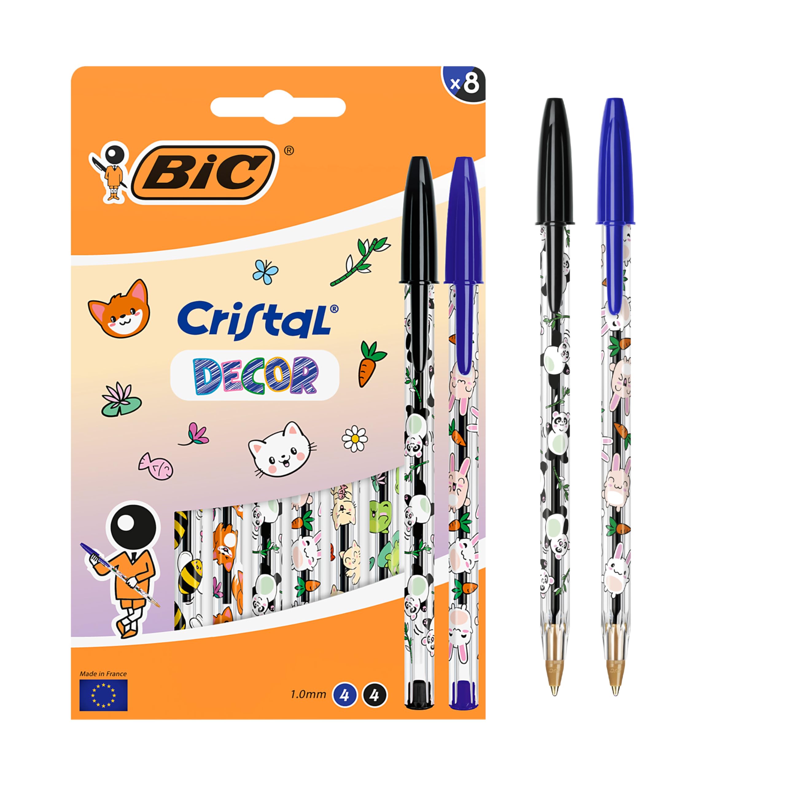 BIC Cristal Decors Kawaii Ballpoint Pens - Medium 1.0mm Point | Blue & Black Ink | Pack of 8