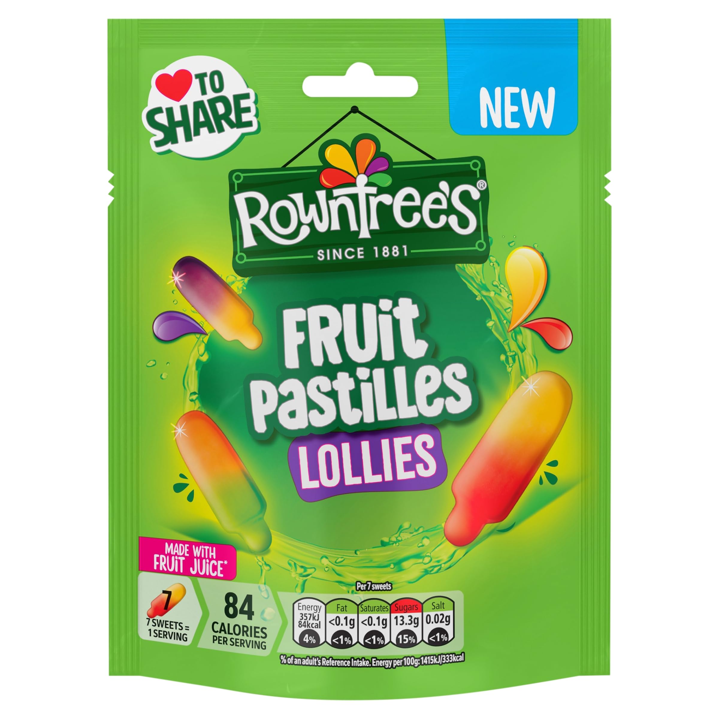 Rowntree's Fruit Pastilles Lollies Sweets Sharing Bag - Chewy Jellies with Real Fruit Juice | 130g