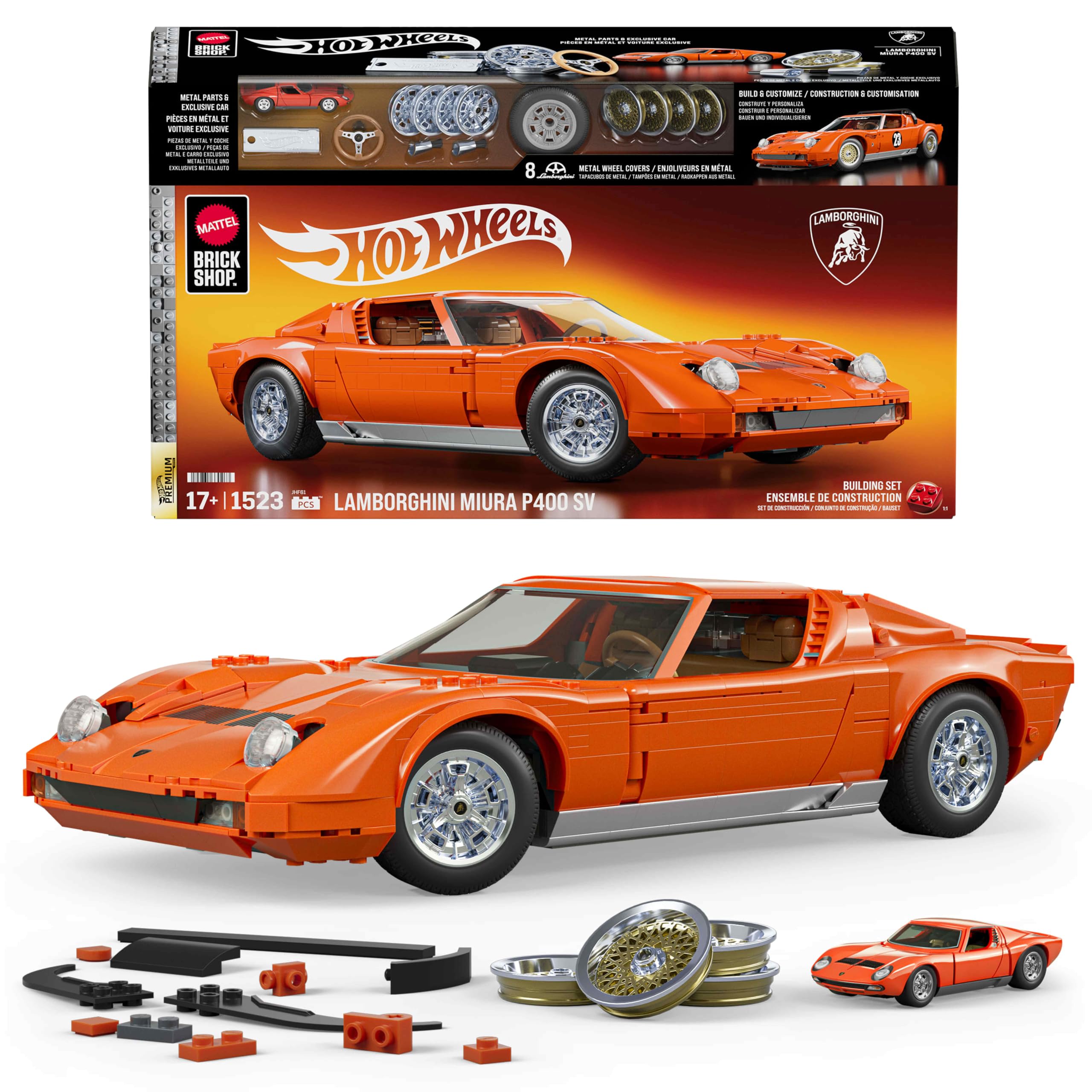 Mattel Brick Shop Hot Wheels Premium Series Building Set - 1:12 Lamborghini Miura P400 SV | Metal Parts | Custom Decals