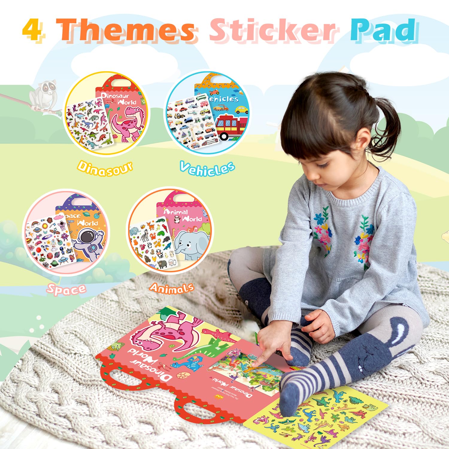 GUYUCOM 4 Pack Reusable Sticker Books for Toddlers Ages 3+ | Animal, Vehicle, Dinosaur, Space Themes | Jelly Texture