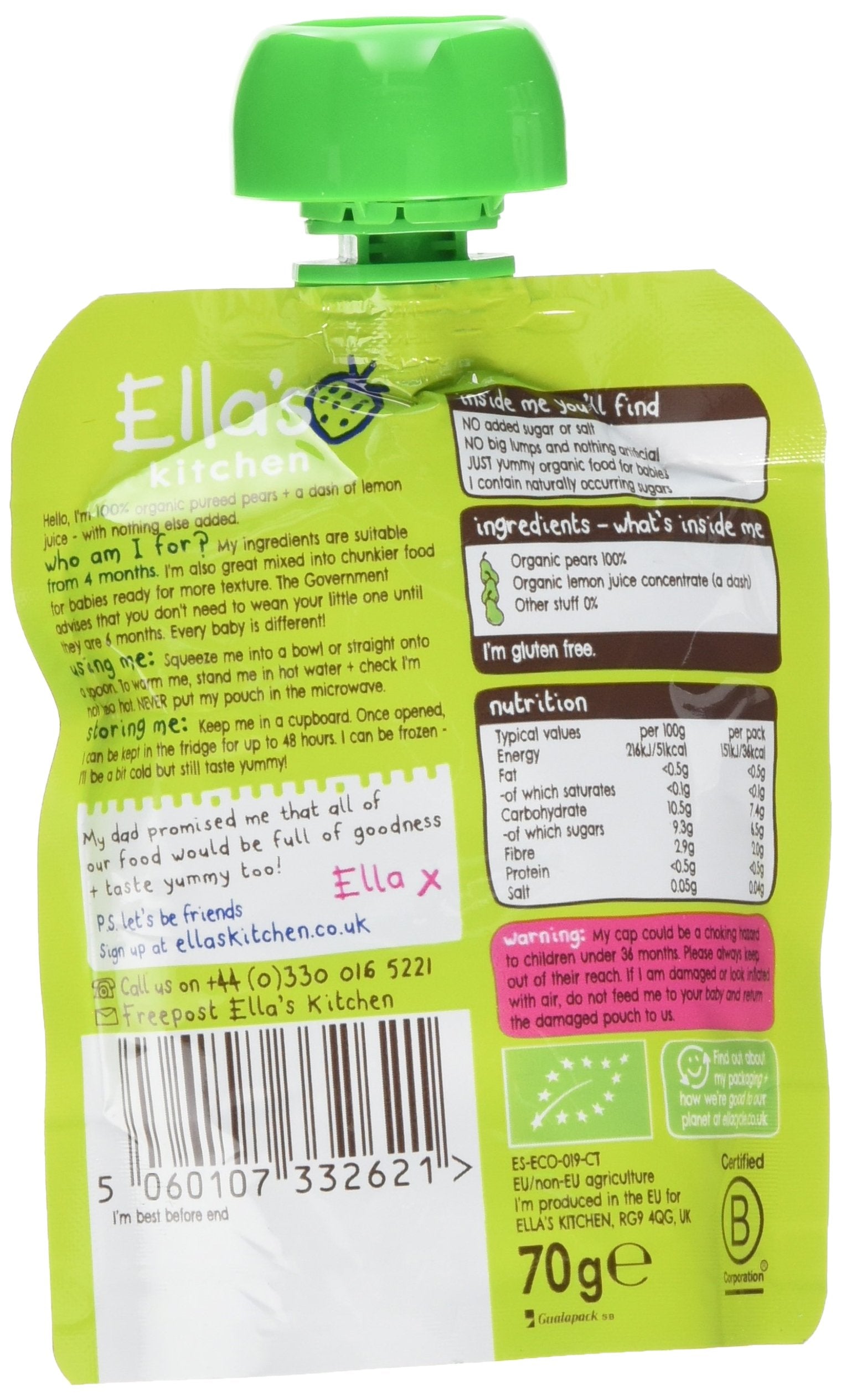 Ella's Kitchen - Organic Pears First Tastes Baby Food Pouch, 70g
