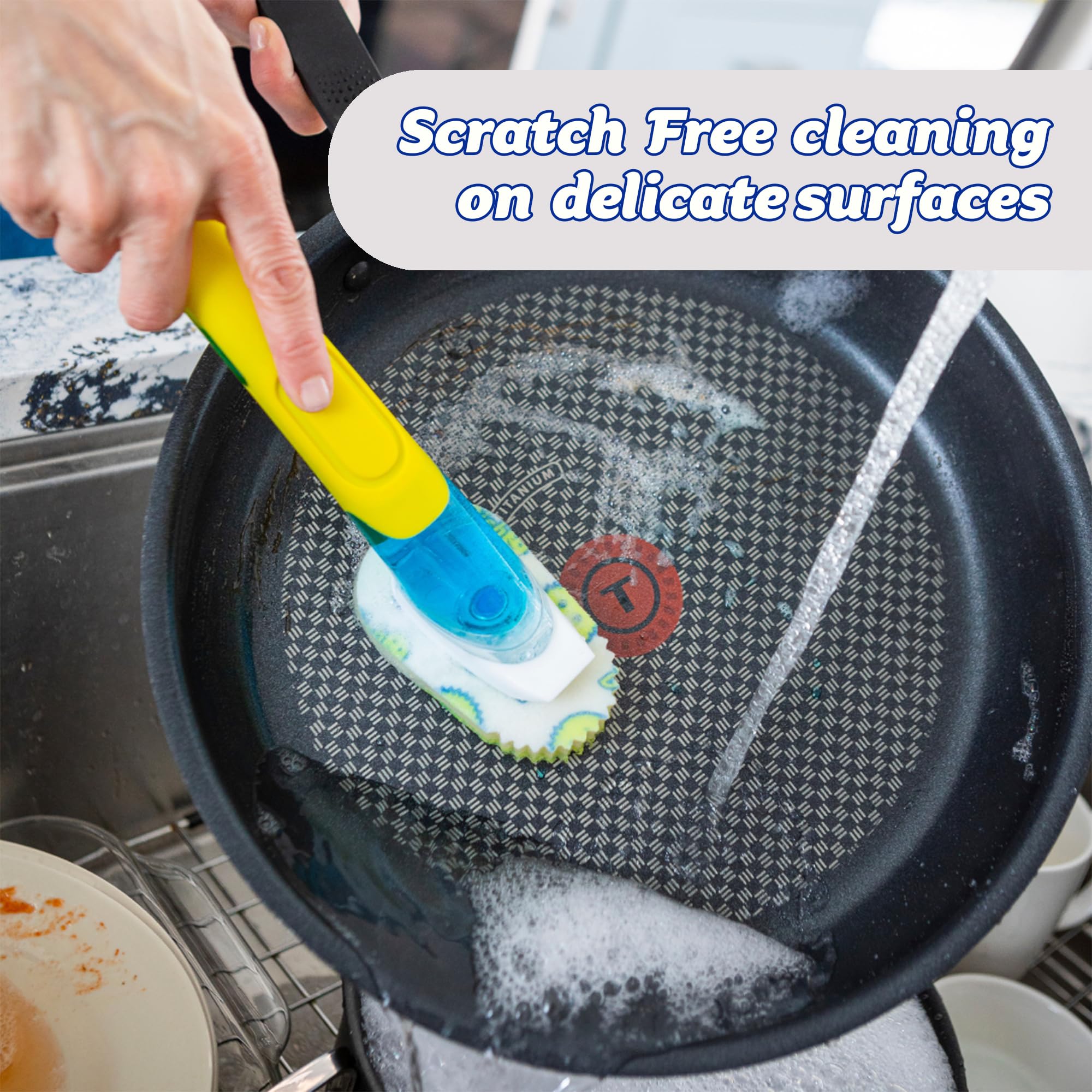 Scrub Daddy Dish Daddy Wand & Connector Head - Soap Dispensing Dish Brush with Texture-Changing Sponge, Built-in Scraper & Stand - Yellow 6