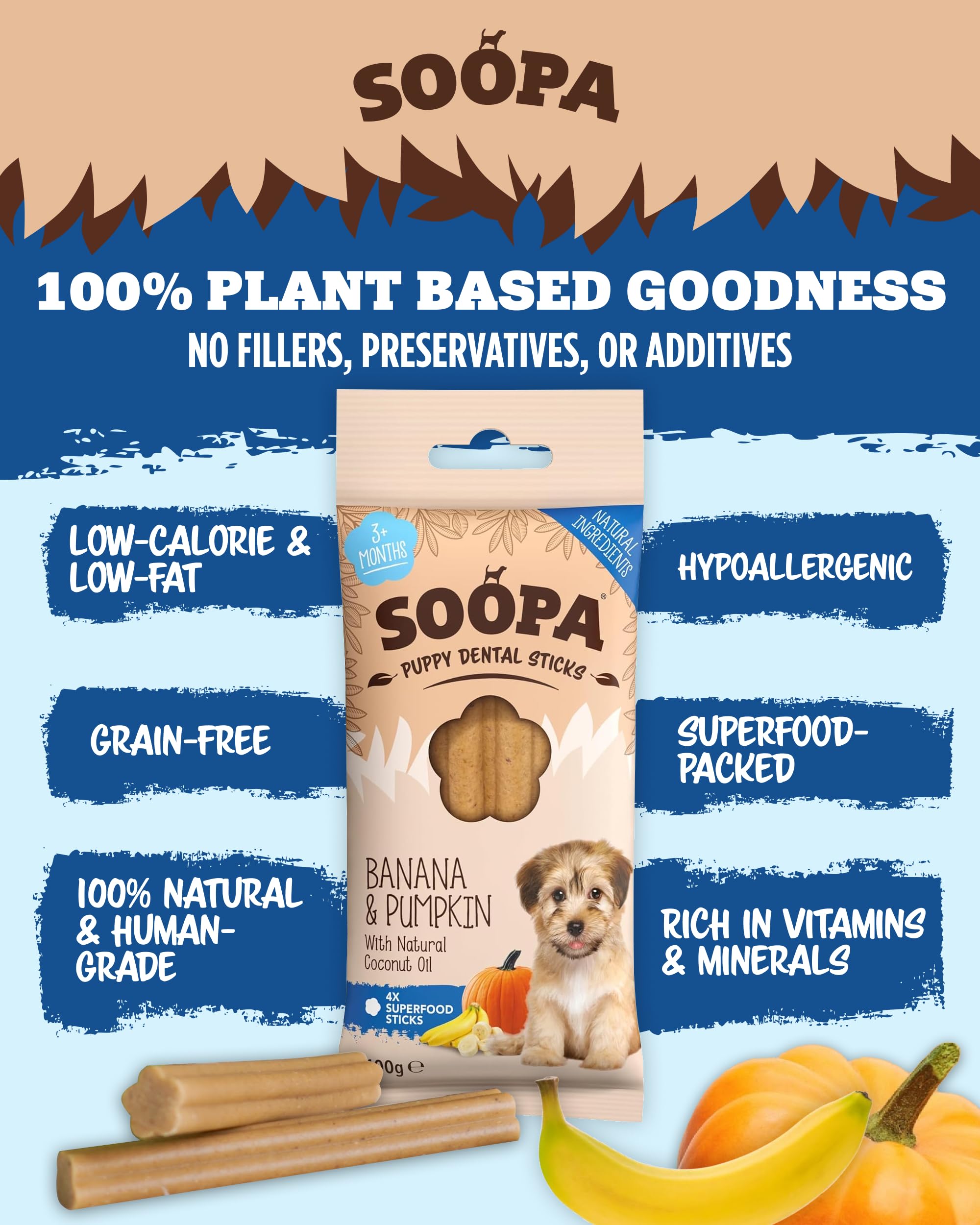 Soopa Banana & Pumpkin PUPPY Dental Sticks for All Life Stages | Low-Fat, Allergen-Free | 110g Bag 4