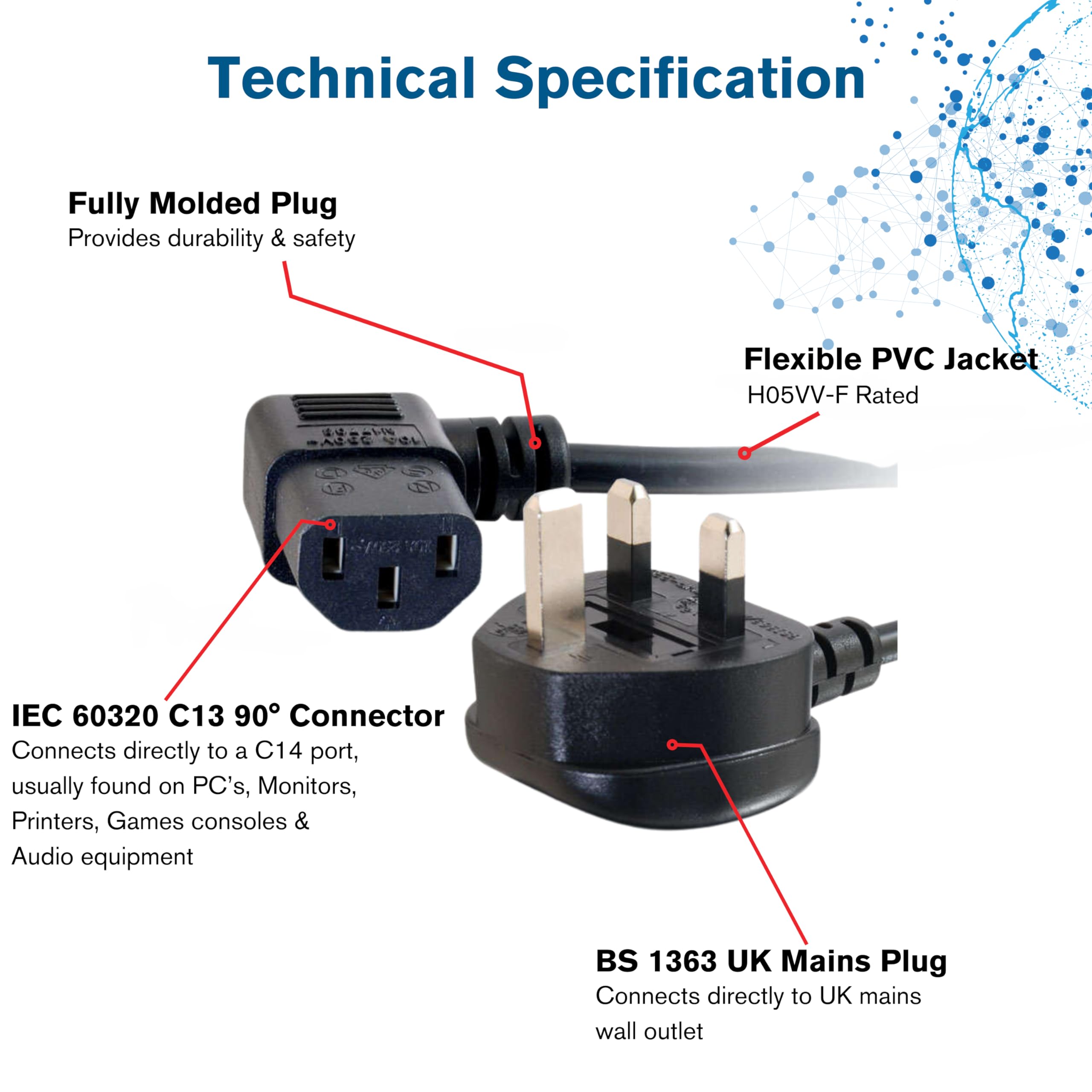 C2G 2 Metre 16 AWG Right Angle Power Cable (IEC320C13R to BS1363) - Heavy Duty Kettle Lead 10