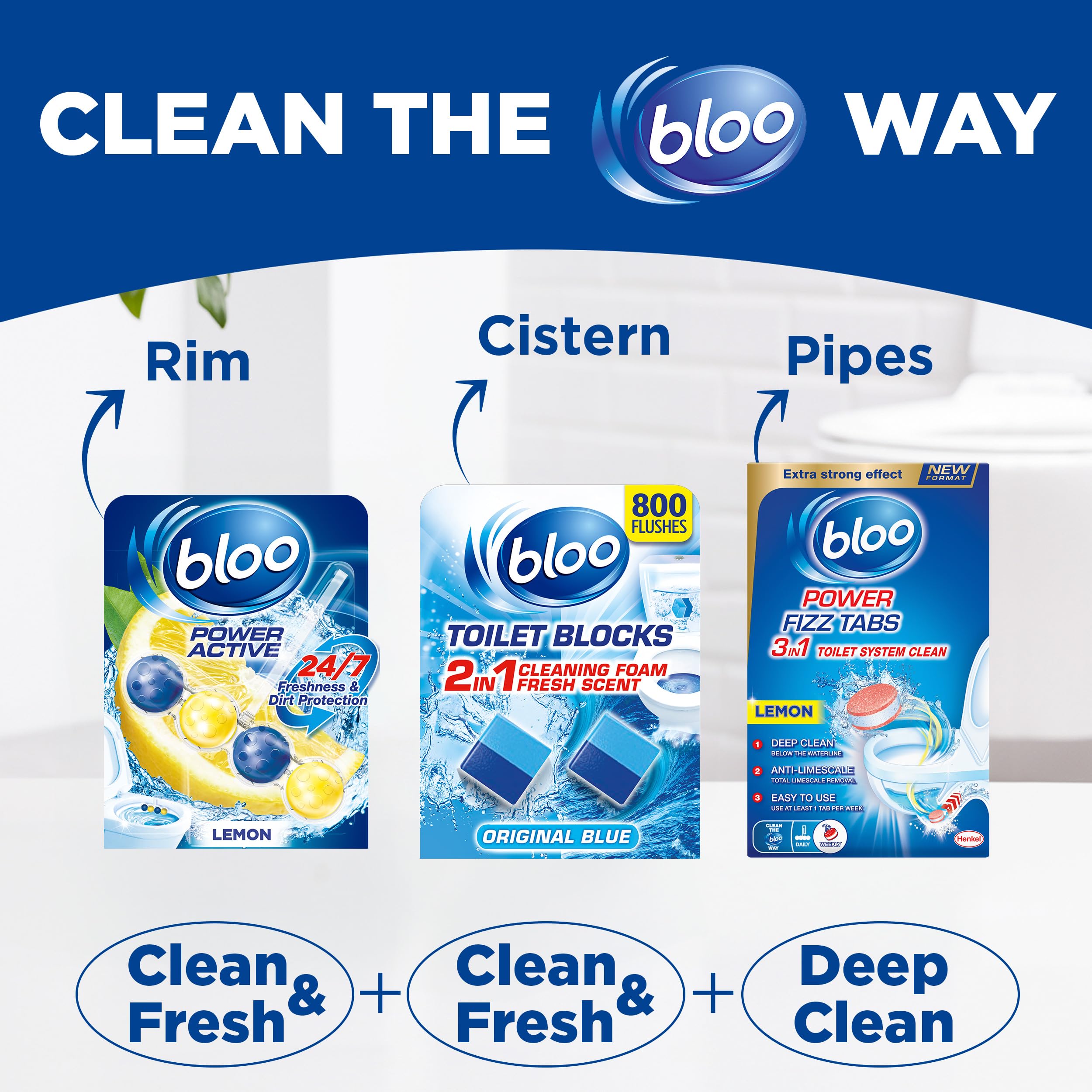 Bloo Power Active Toilet Rim Block XXL Pack (300g = 6x50g) - Fresh Lemon Scent