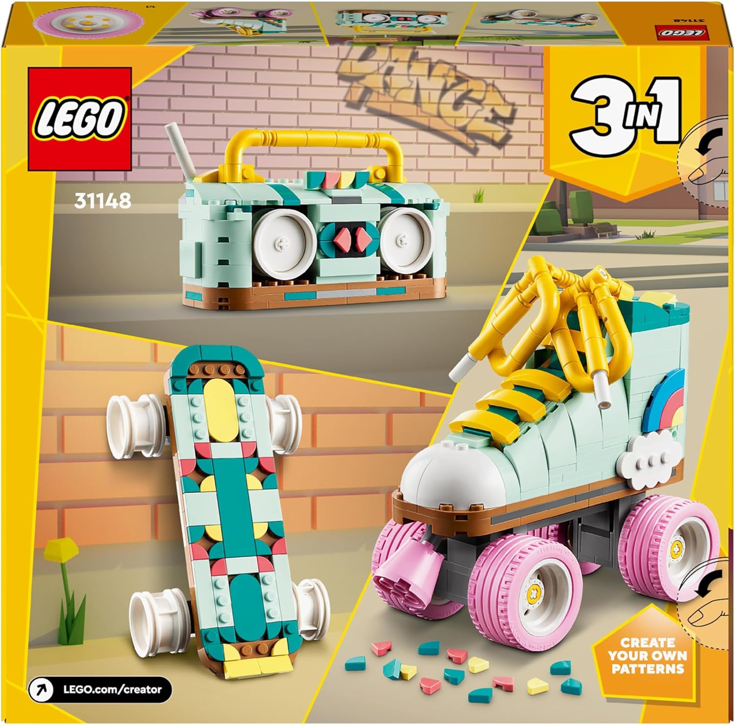 LEGO Creator 3in1 Retro Roller Skate to Mini Skateboard to Boom Box Radio Building Set for Kids 8+