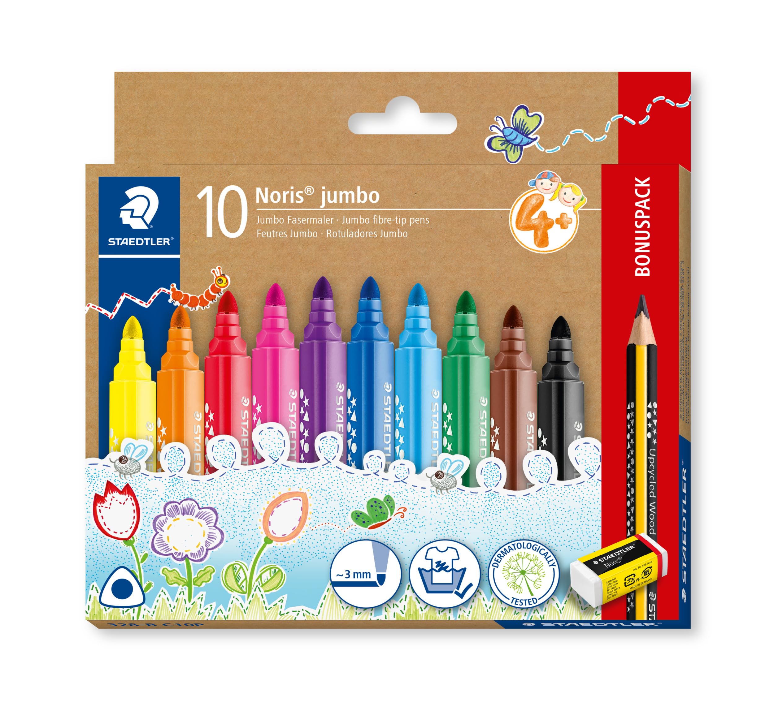 STAEDTLER Noris Jumbo Colouring Markers for Toddlers - Pack of 10 Assorted Colours | Water-Based Ink