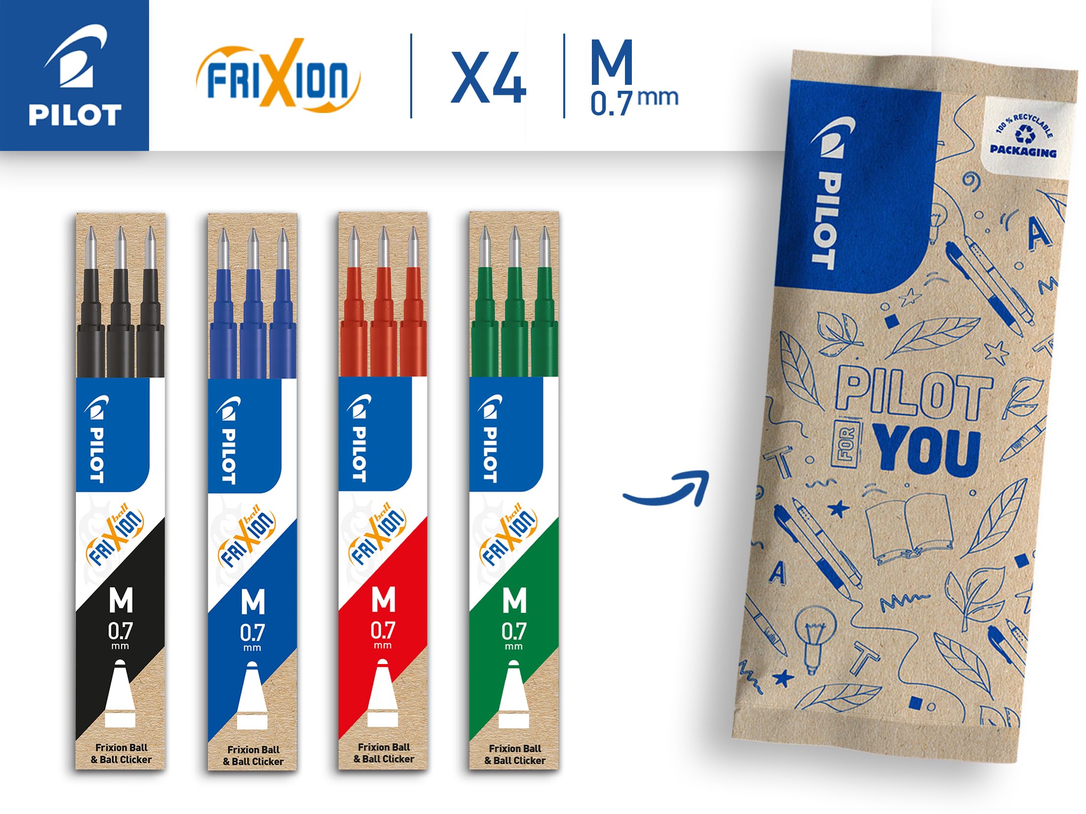 PILOT FriXion Erasable Rollerball Pen Refills 0.7mm (0.4mm Line) - 4 Sets of 3 (Blue, Black, Red, Green) 2