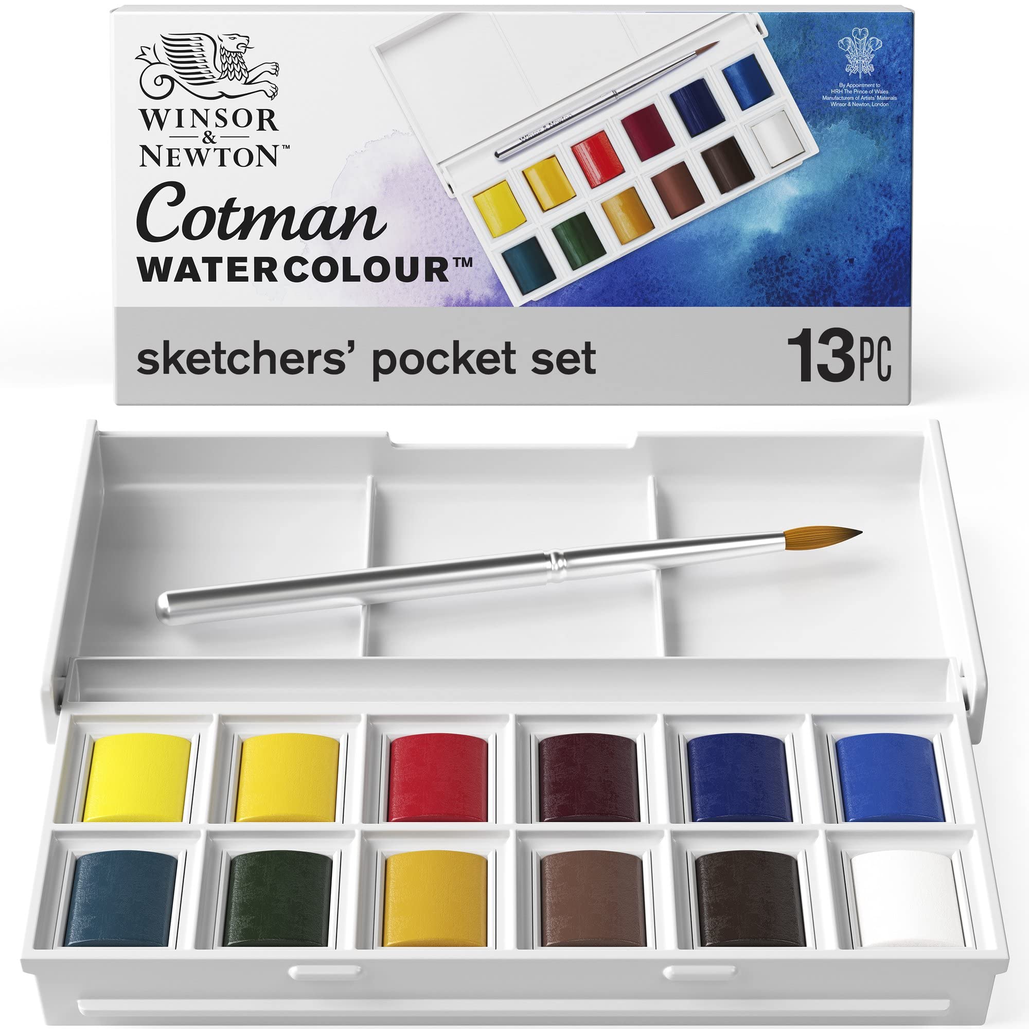 Winsor & Newton Cotman Watercolour Paint Set - Sketchers Pocket Box with 12 Half Pans and Travel Brush