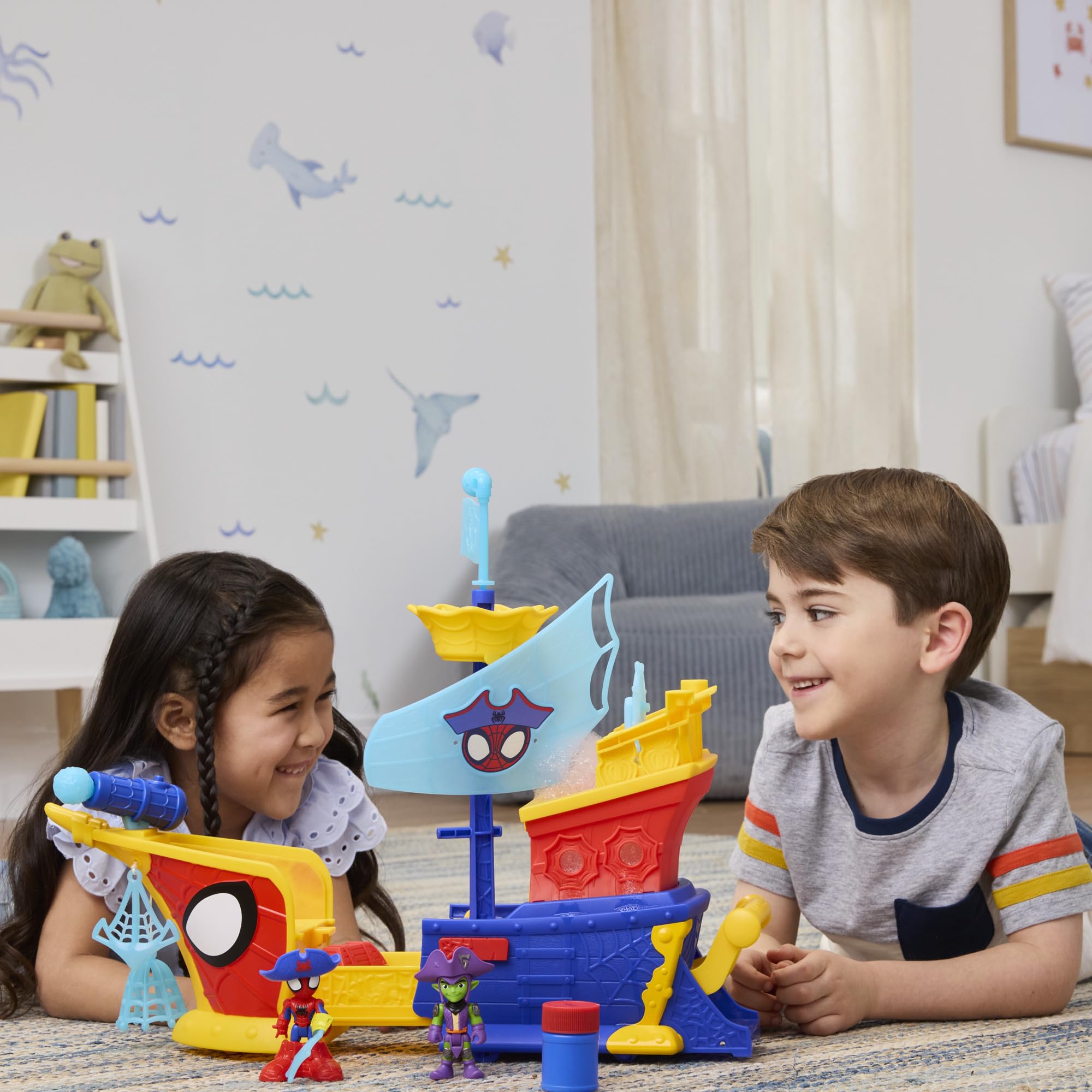 Spidey and His Amazing Friends Water-Webs Webs Ahoy Bubble Pirate Ship Playset - 43 cm with Real Bubble Maker, Spidey & Green Goblin Figures, Ages 3+ 6
