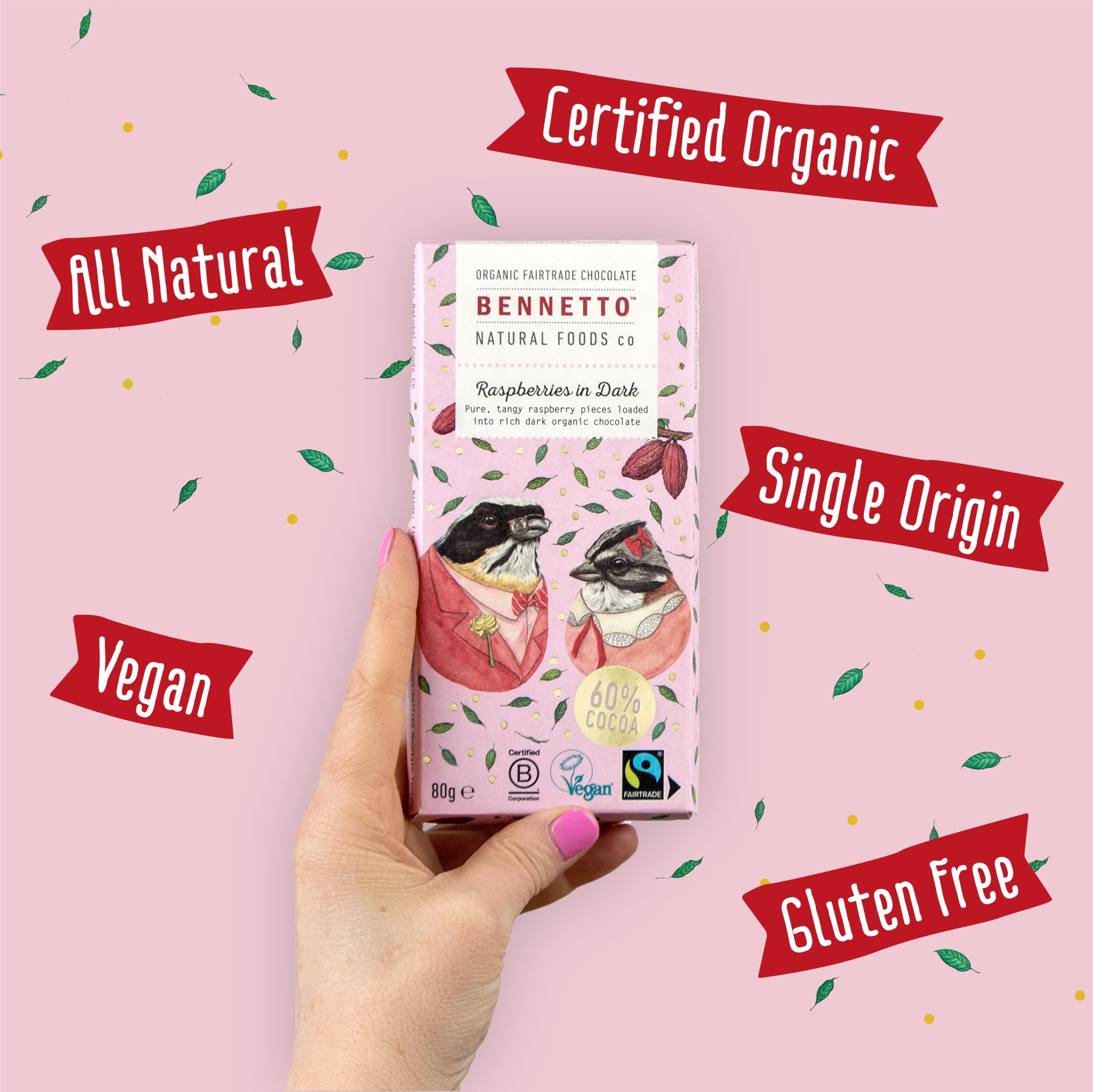 Bennetto Raspberries in Dark Chocolate Bar - Organic, Vegan, Fairtrade, 60% Cocoa 4