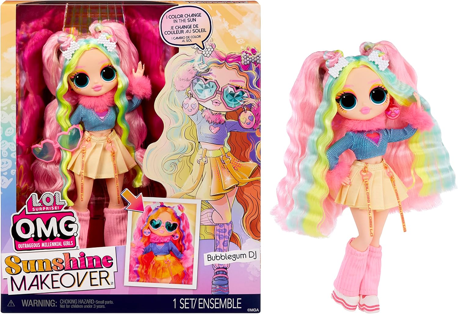 LOL Surprise OMG Sunshine Makeover Fashion Doll - Bubblegum DJ - Color Change Playset