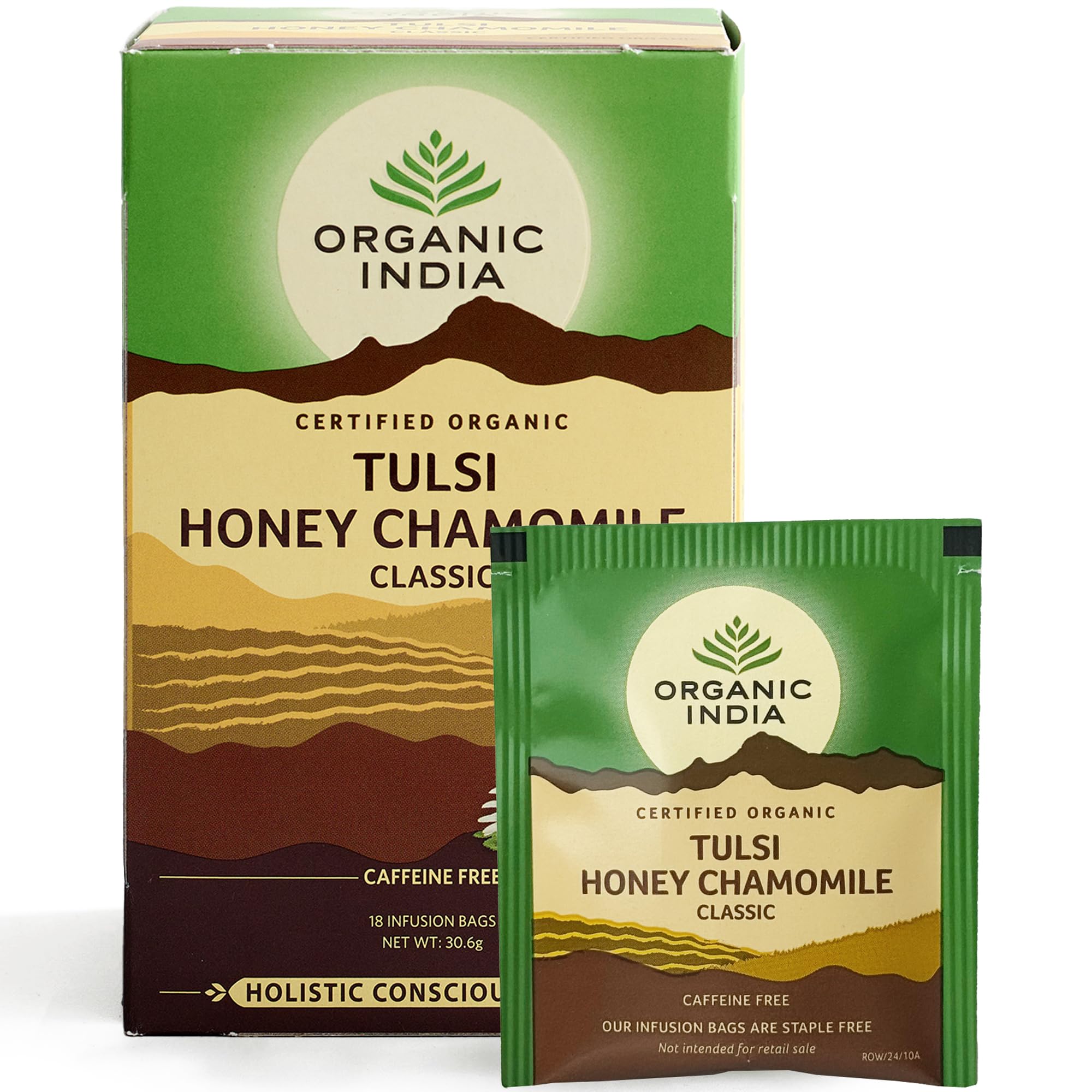 Organic India Tulsi Honey Chamomile Tea, Caffeine-Free, Certified Organic, Plant-Based, 175g