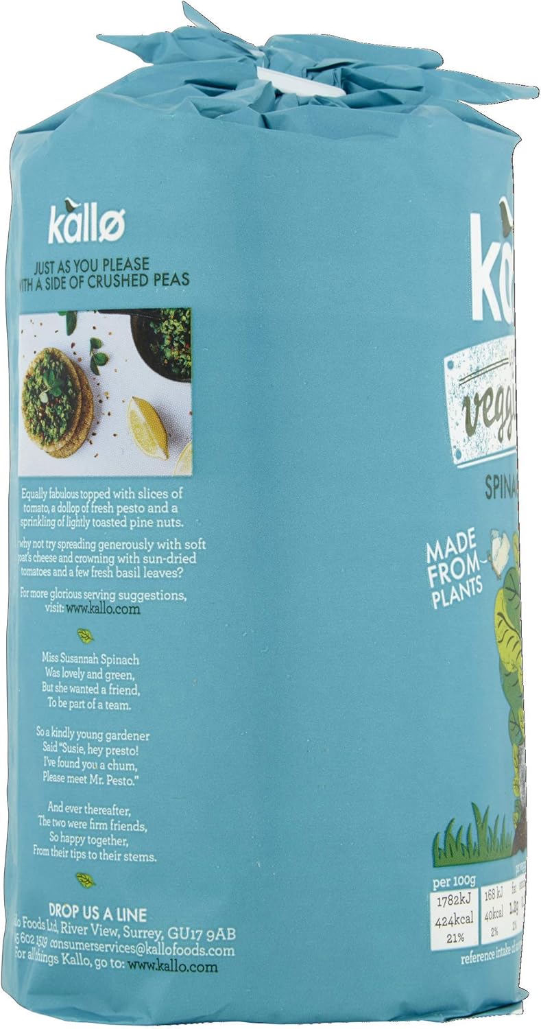 Kallo Spinach & Pesto Veggie Cakes, Lentil & Pea Puffed Crackers Made From Plant