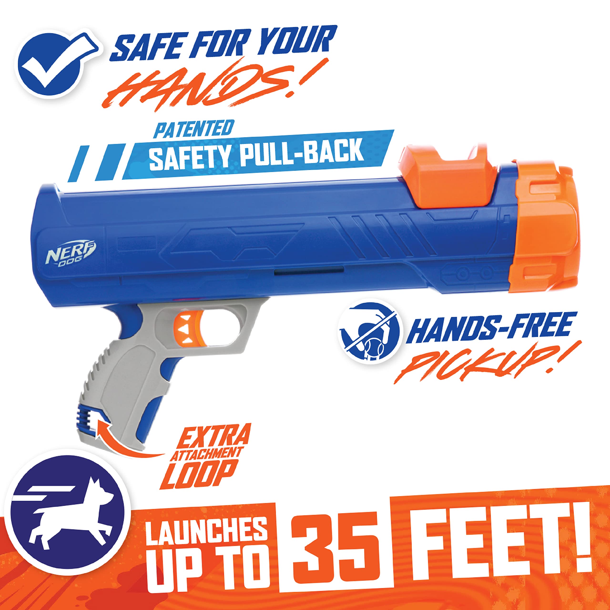 Nerf Dog 12in Blaster w/o Ball Clip | Shoots Up to 50 Feet | Includes 3 Squeak Tennis Balls 3