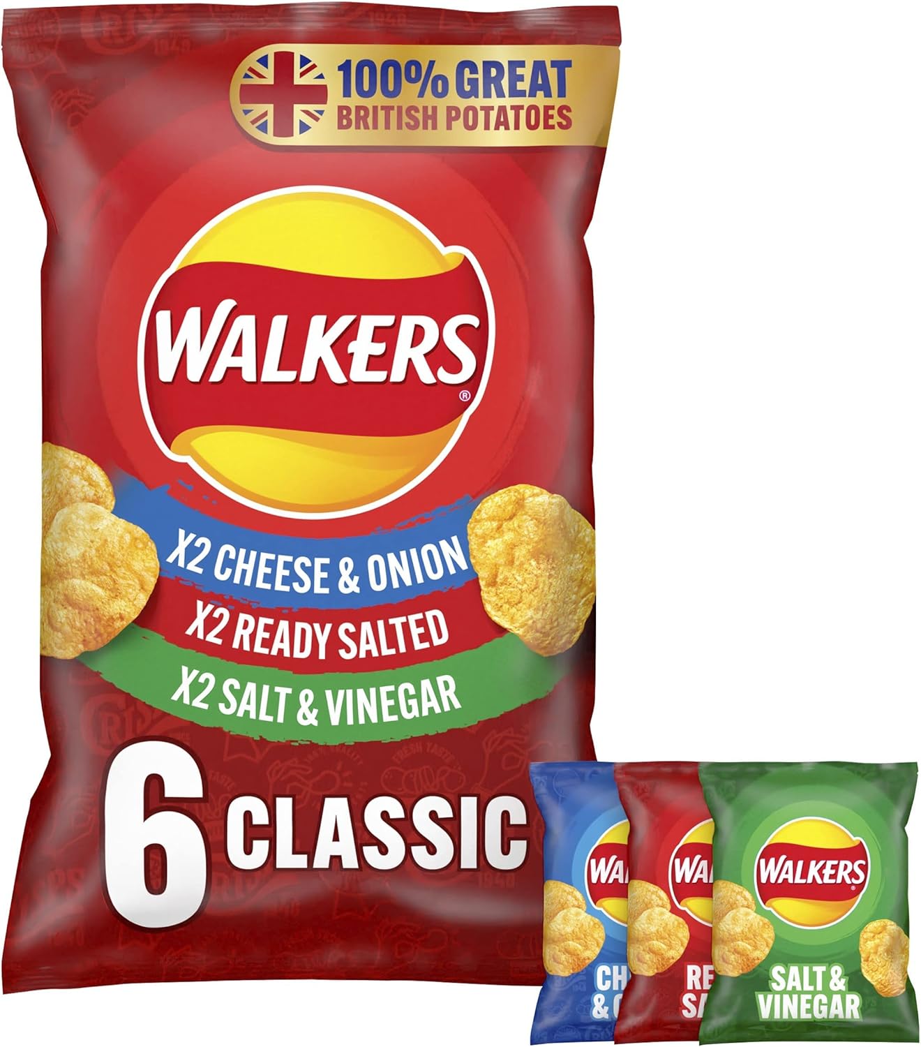 Walkers Classic Variety Multipack Crisps 6x25g - Ready Salted, Cheese & Onion, Salt & Vinegar