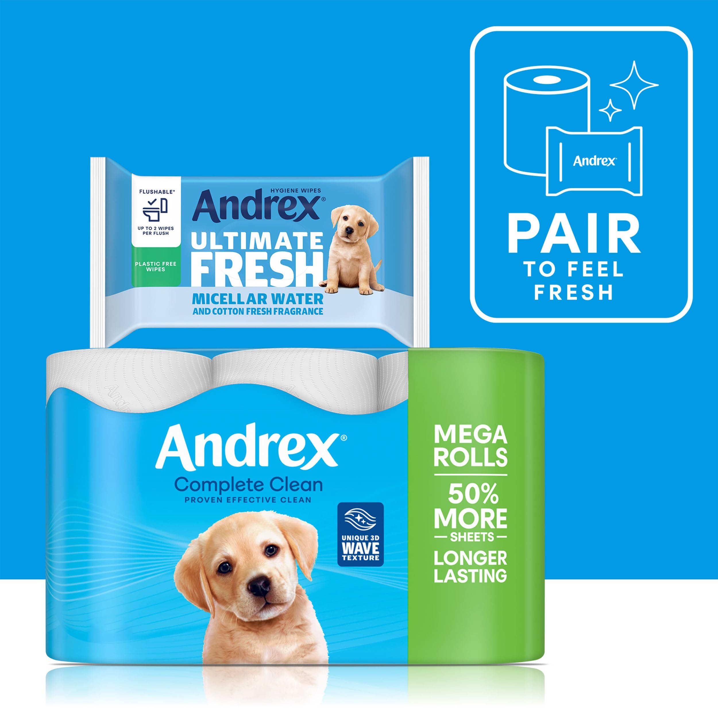 Andrex Complete Clean 12 Mega-Toilettenpapierrollen (entspricht 18 Standardrollen), 50 % mehr Blätter, weiß 5