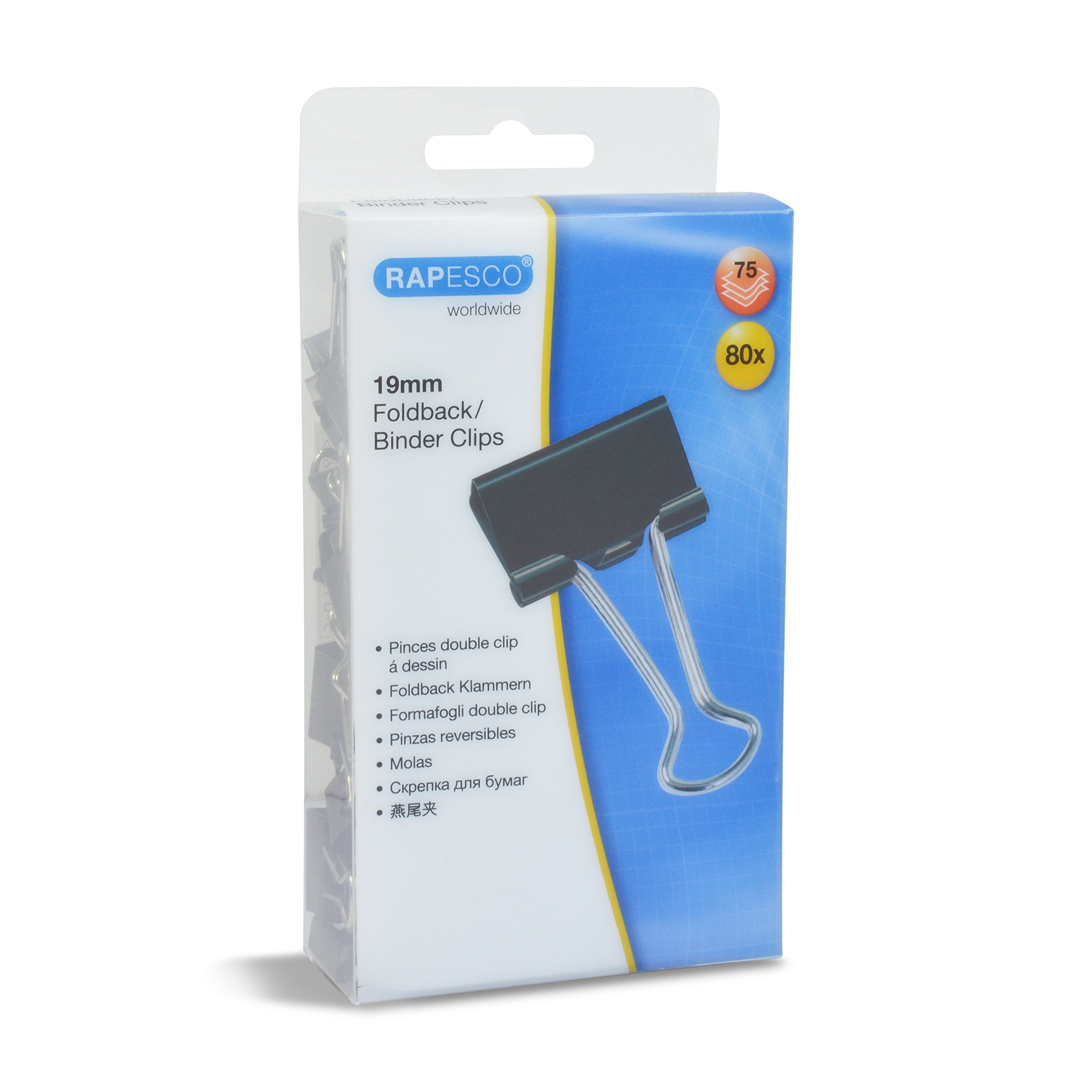 RAPESCO Foldback Clips - 19mm Capacity, Black Metal, Pack of 80
