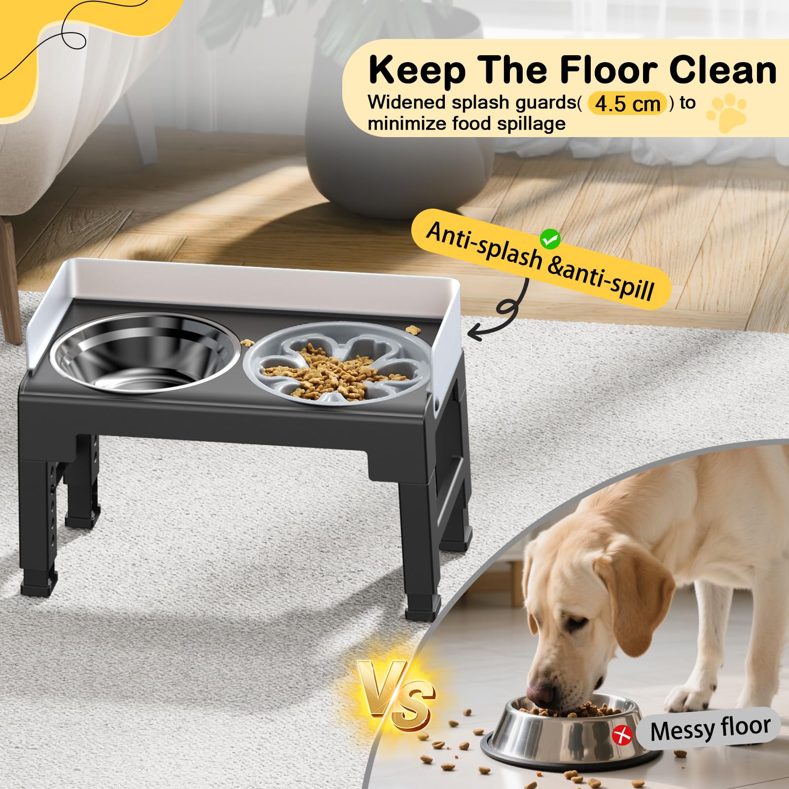 Euqvunn Elevated Dog Bowls with Stand - 6-Level Height Adjustable | 5° Tilt | Includes Slow Feeder 3