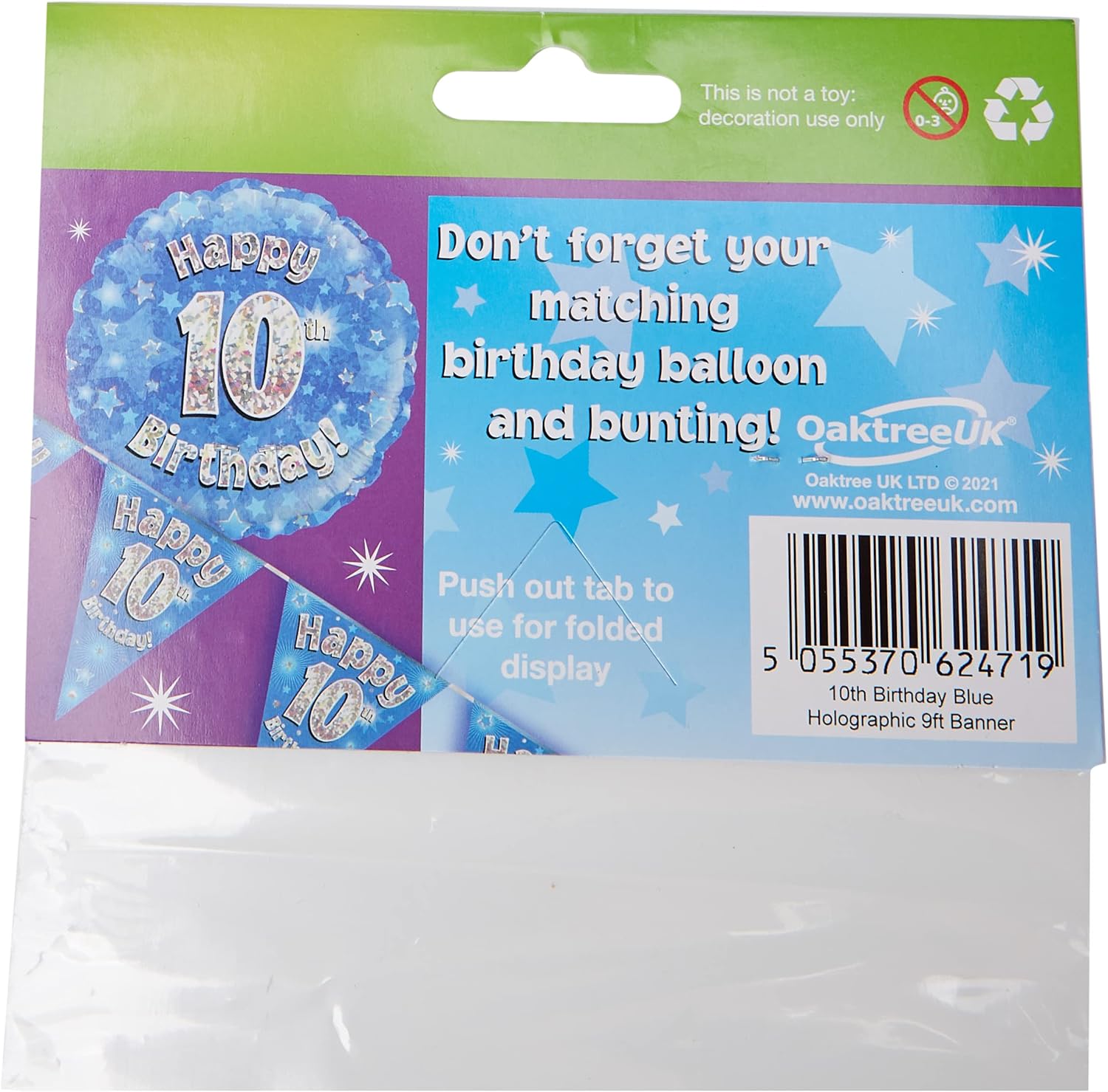 OakTree Happy 10th Birthday Foil Holographic Banner - Blue, 9 ft 4