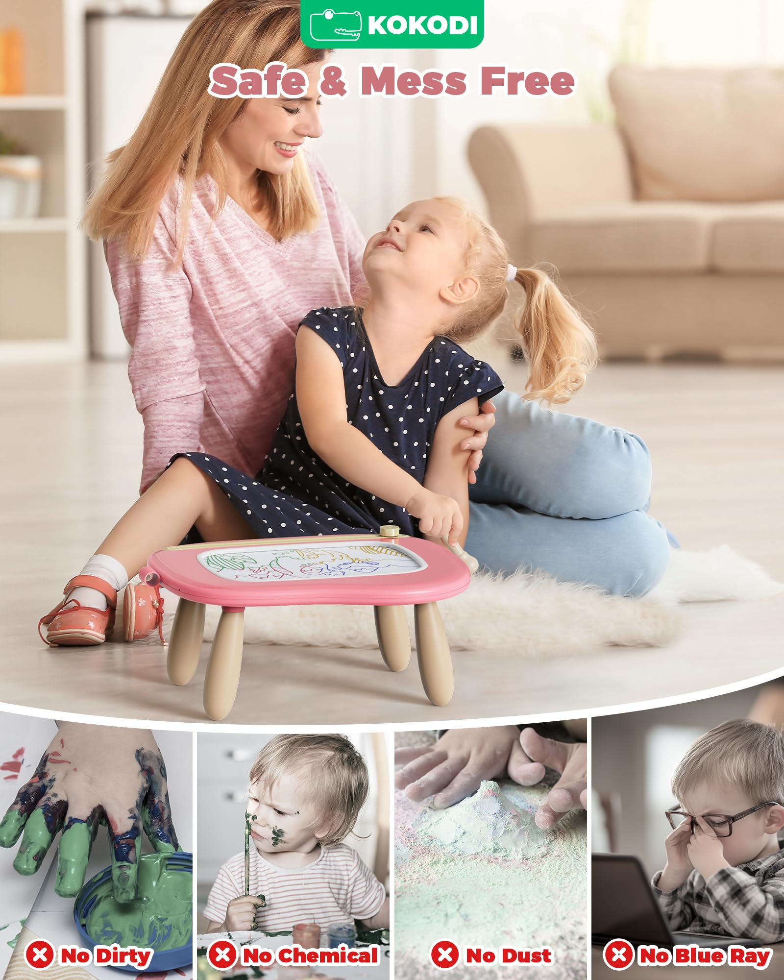 KOKODI Magnetic Drawing Board - 4 Color Zones | Adjustable Height | Pink | Ages 1-3 4