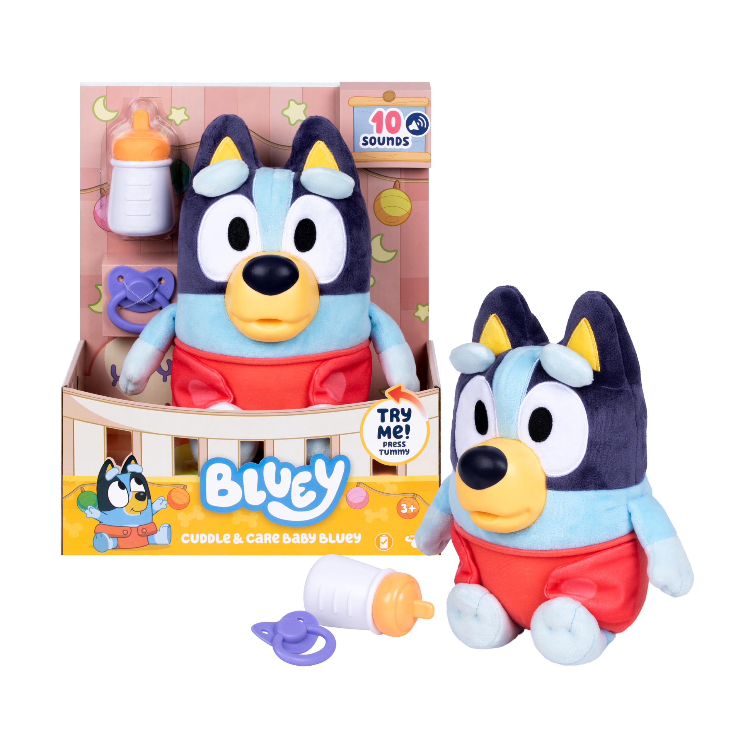 Bluey Cuddle & Care Baby - Interactive Electronic Plush Toy with Sounds & Accessories 3