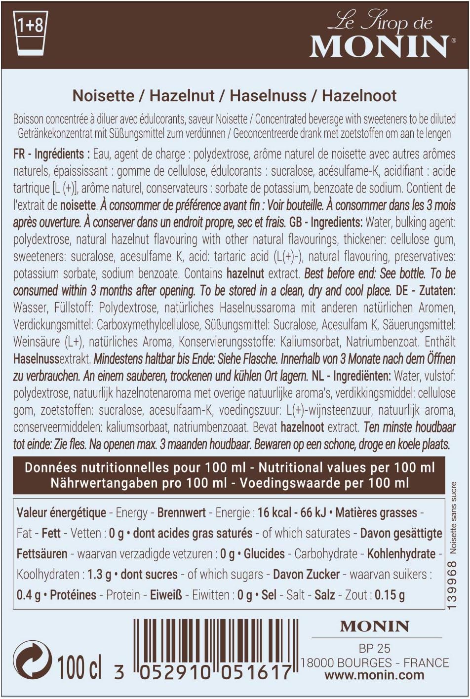 MONIN Hazelnut Sugar Free Syrup 1L 5
