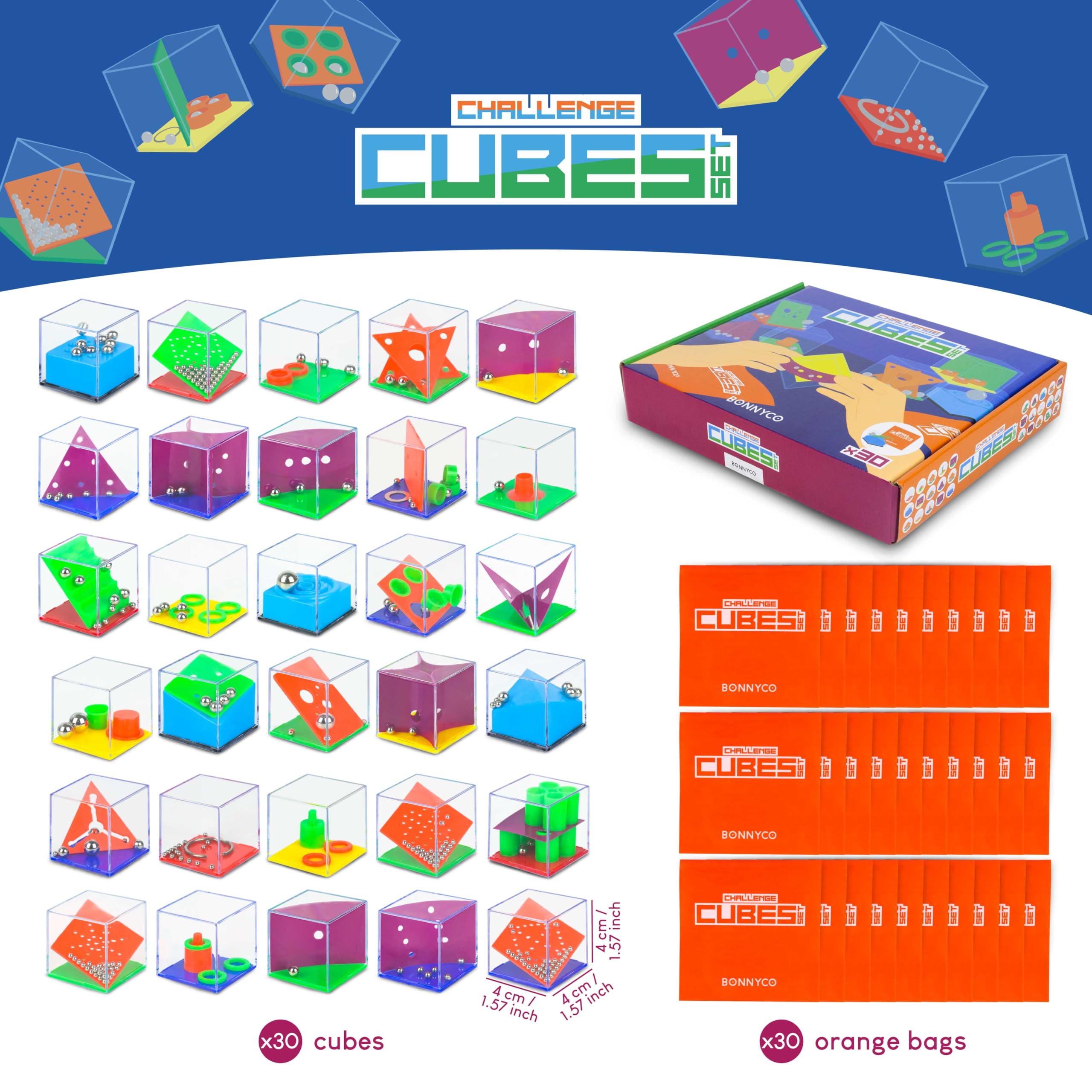 BONNYCO Challenge Cubes - 30 Mini Puzzle Games for Kids Party Bags | Unisex | Ages 3+