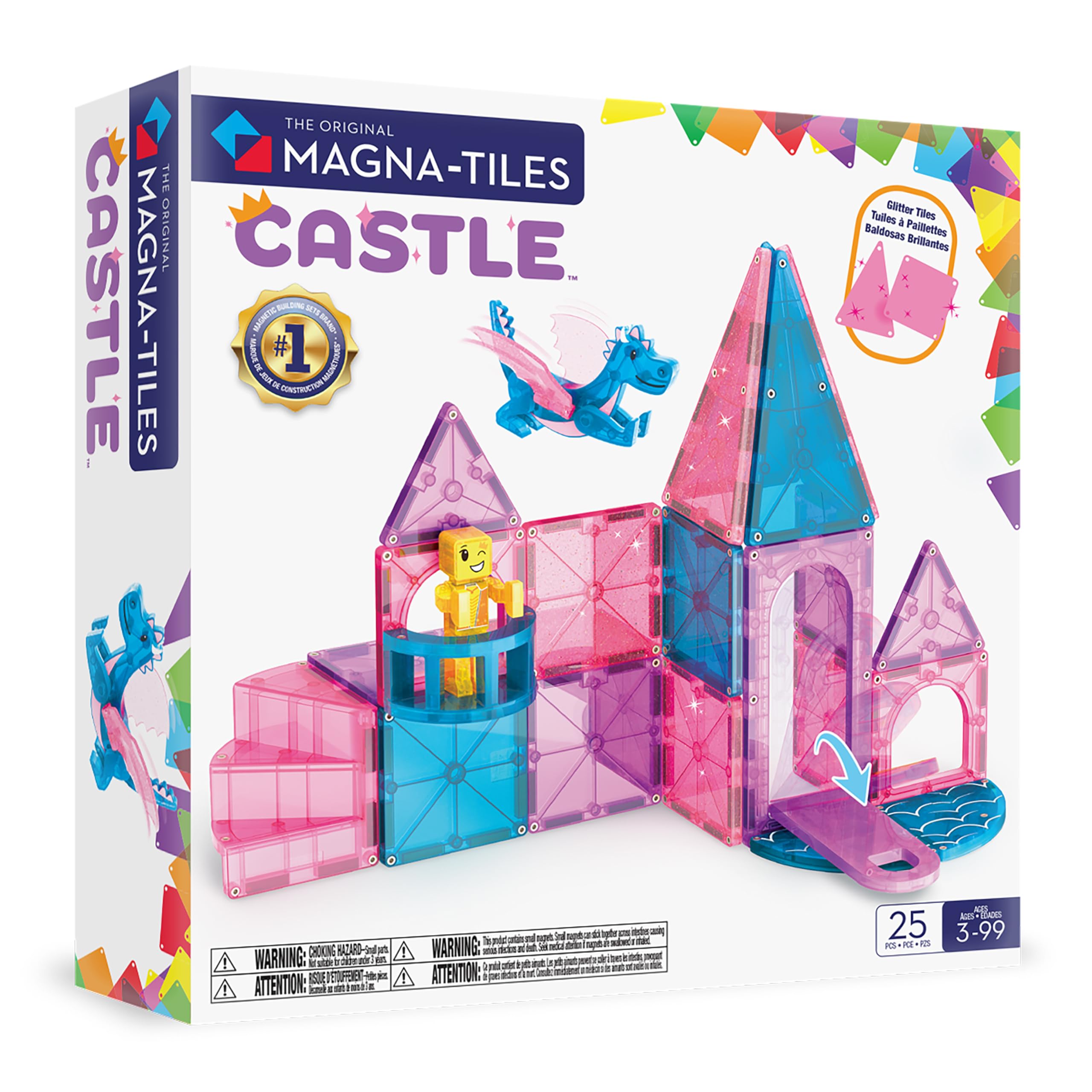 Magna-Tiles Castle 25-Piece Magnetic Construction Set - Drawbridge & Dragon Figures for Ages 3+