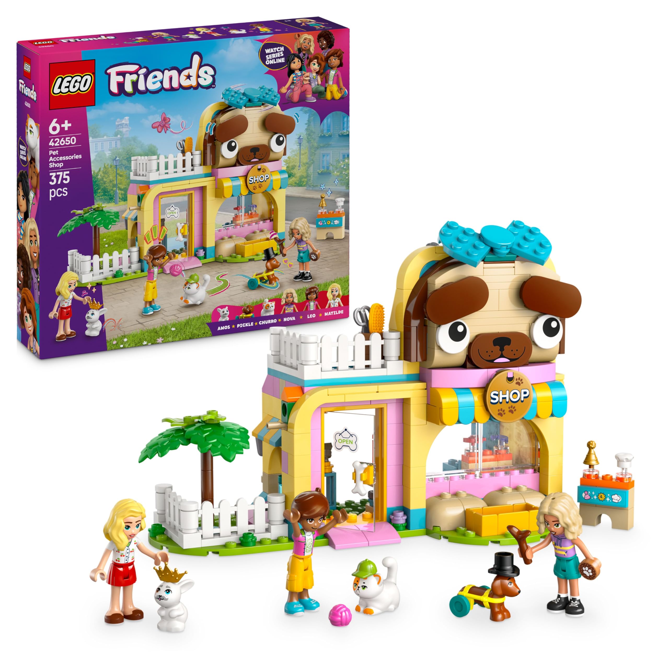 LEGO Friends Pet Accessories Shop Set - Animal Building Toy Playset with 2 Mini Dolls, 375 Pieces