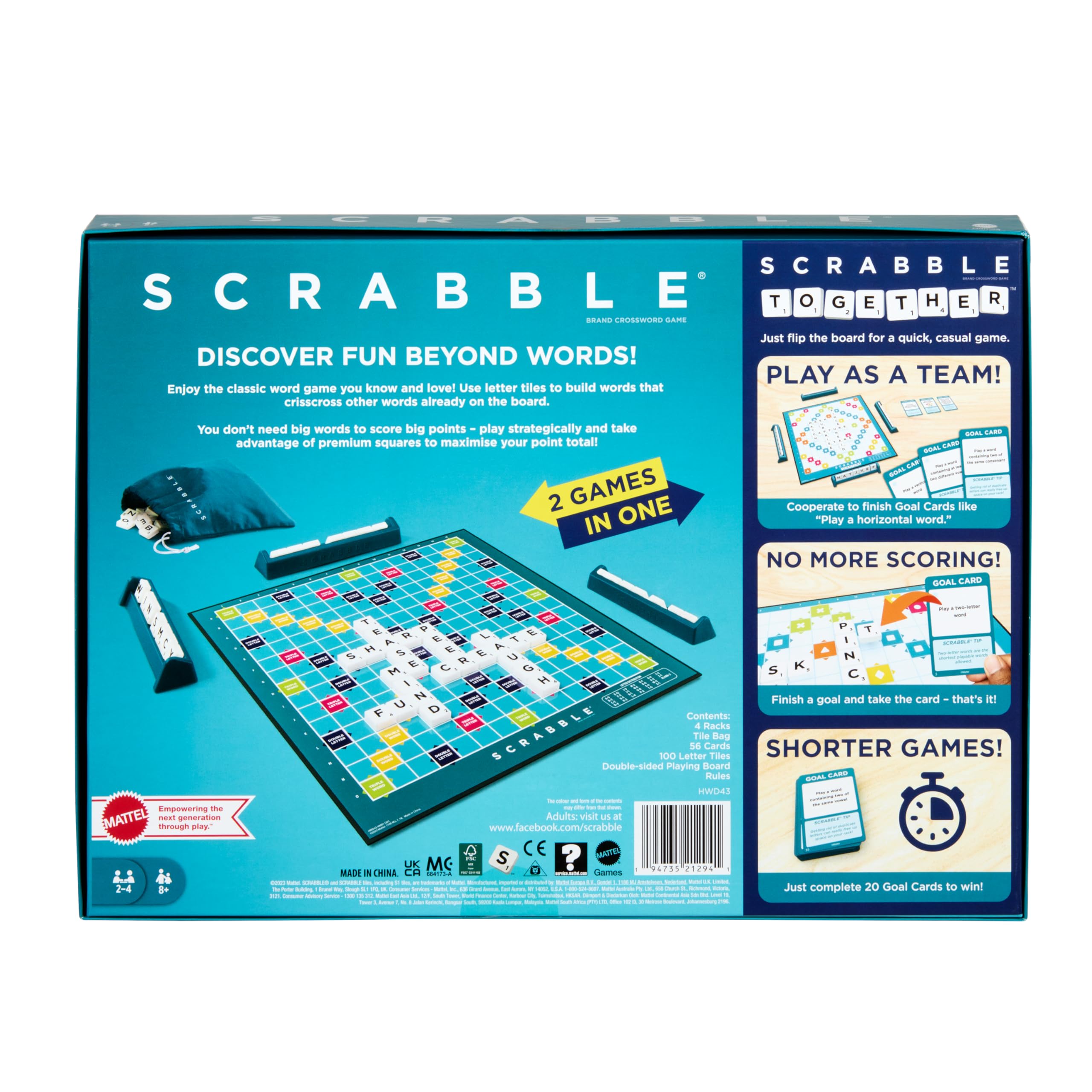 Mattel Games Scrabble-Brettspiel mit zwei Spielmöglichkeiten – doppelseitiges Brett und 50 Zielkarten – UK-Version (HWD43) 4