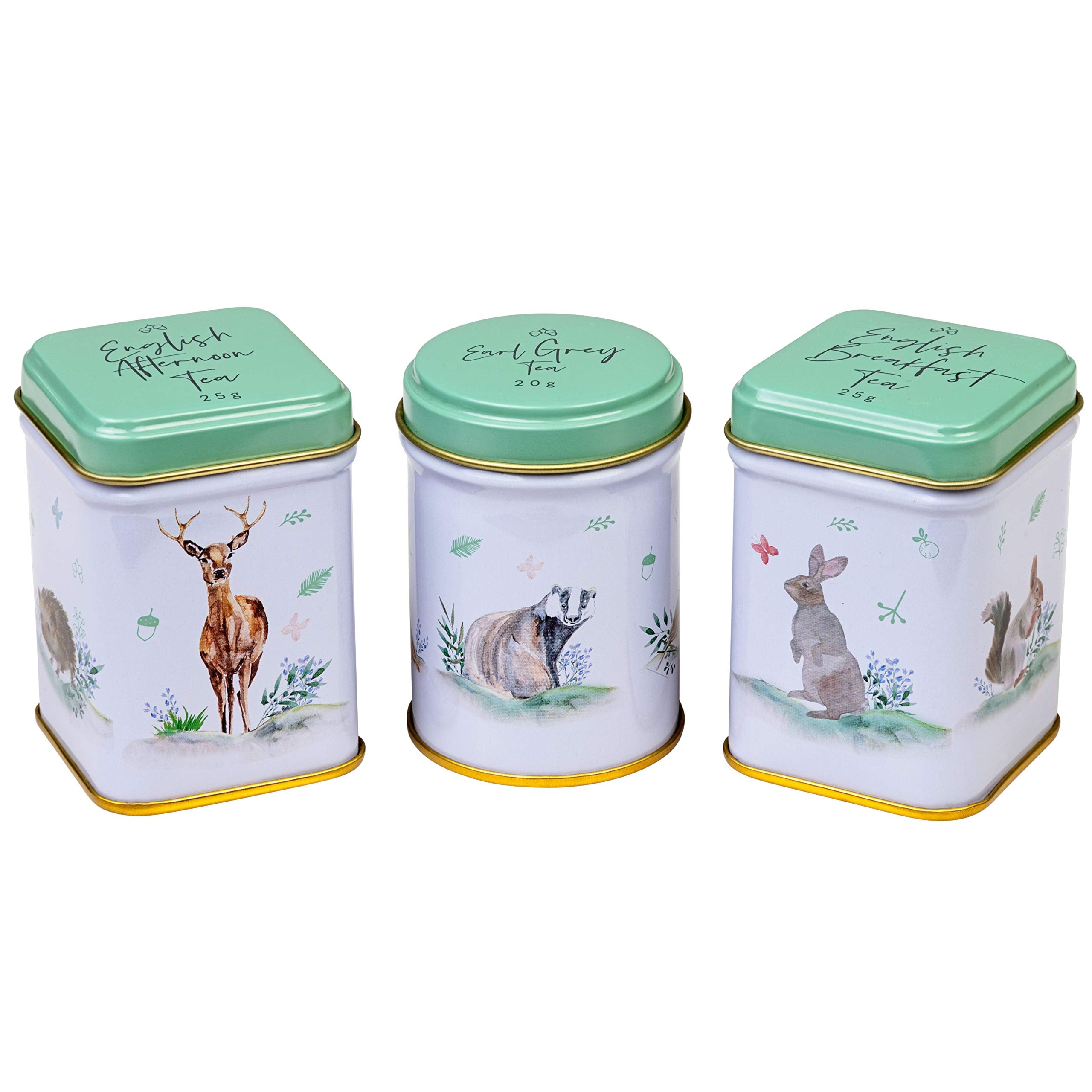 New English Teas Woodland Animals 3x Mini Tea Tin Gift Pack - Loose Leaf English Breakfast, Afternoon & Earl Grey