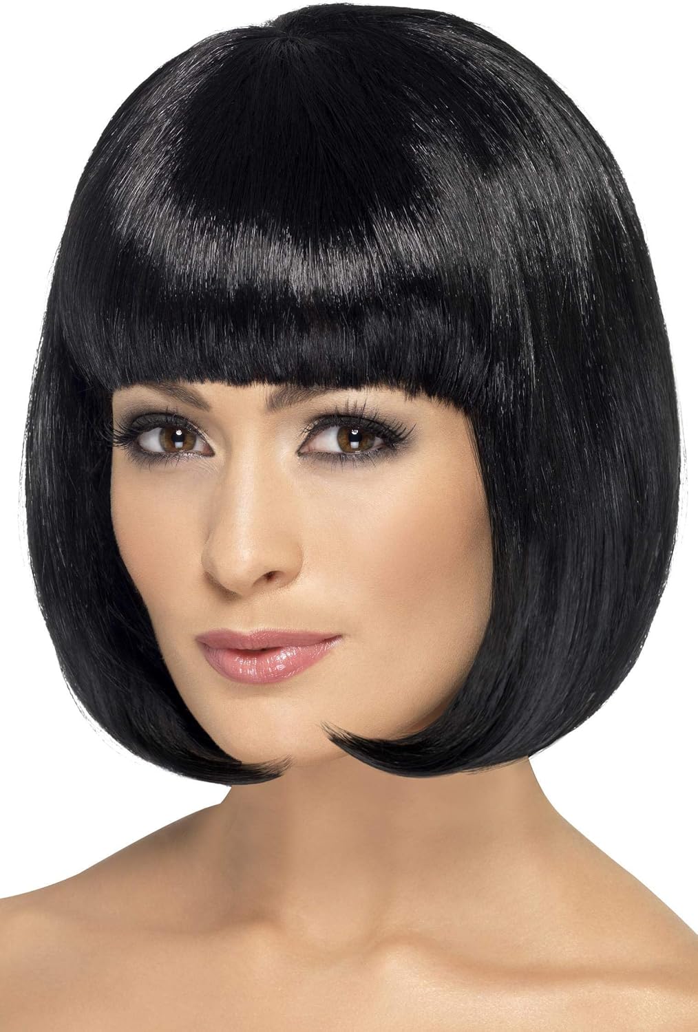 Smiffys Partyrama Short Bob Wig with Fringe - 12 Inch Black Synthetic Wig for Adults