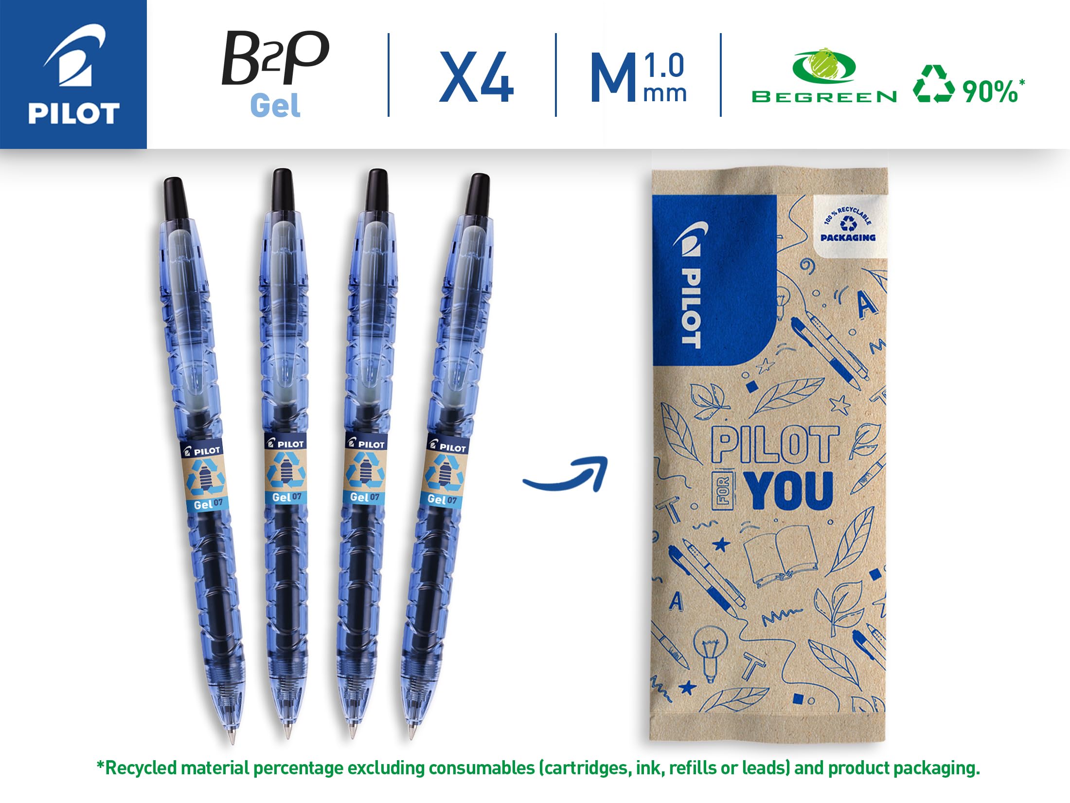 PILOT B2P Gel Ink Rollerball Pen - 0.7mm Medium Point - Retractable - Pack of 4 2