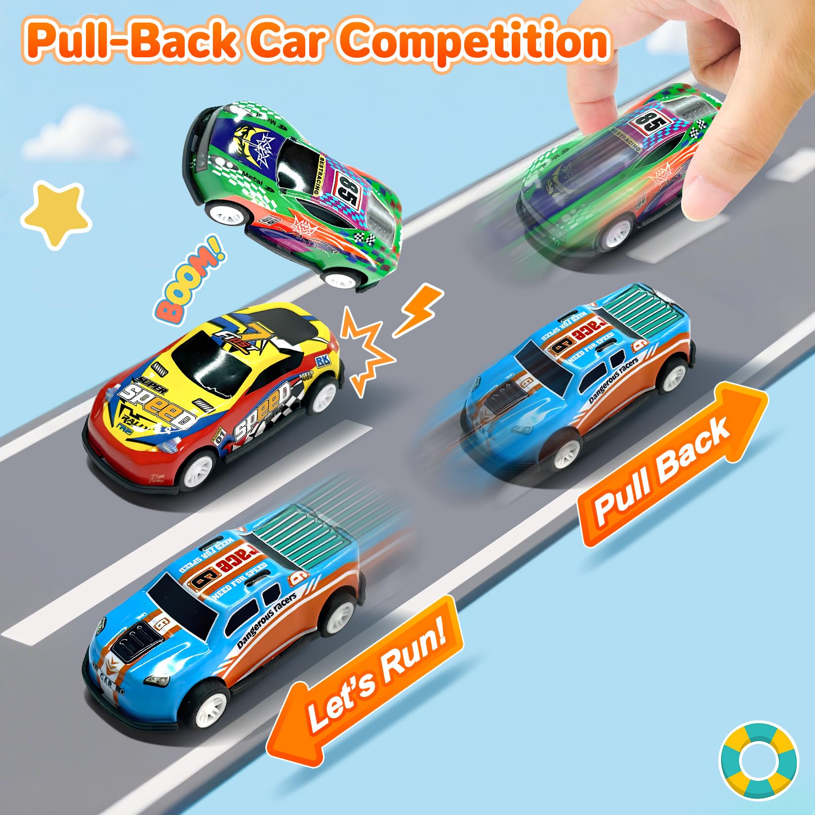 TOYABI 22Pc Metal Shell Pull-Back Race Car Set with 8 Roadblocks for Kids | Ages 3+ 2