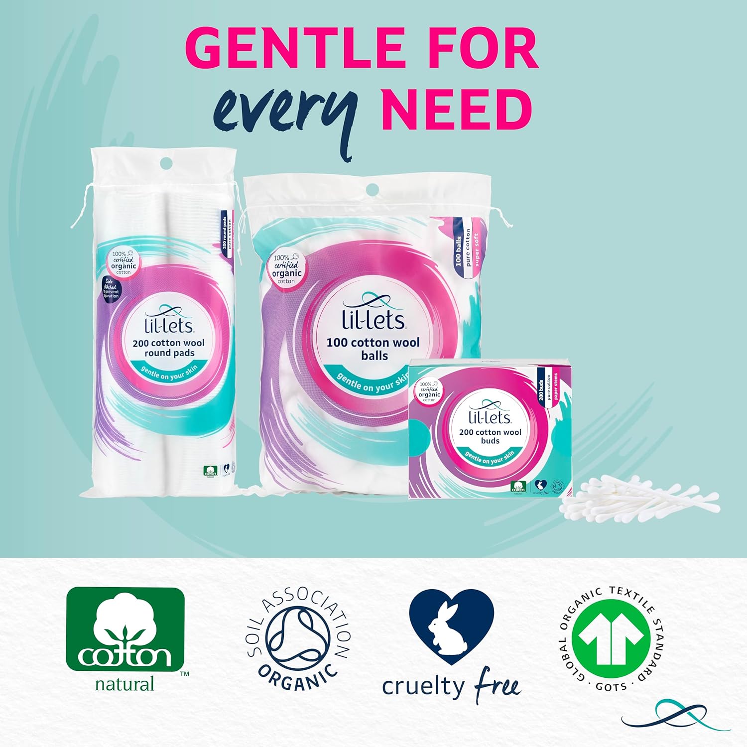 Lil-Lets Cotton Wool Buds (100% Pure Organic, Plastic-Free, FSC Certified)