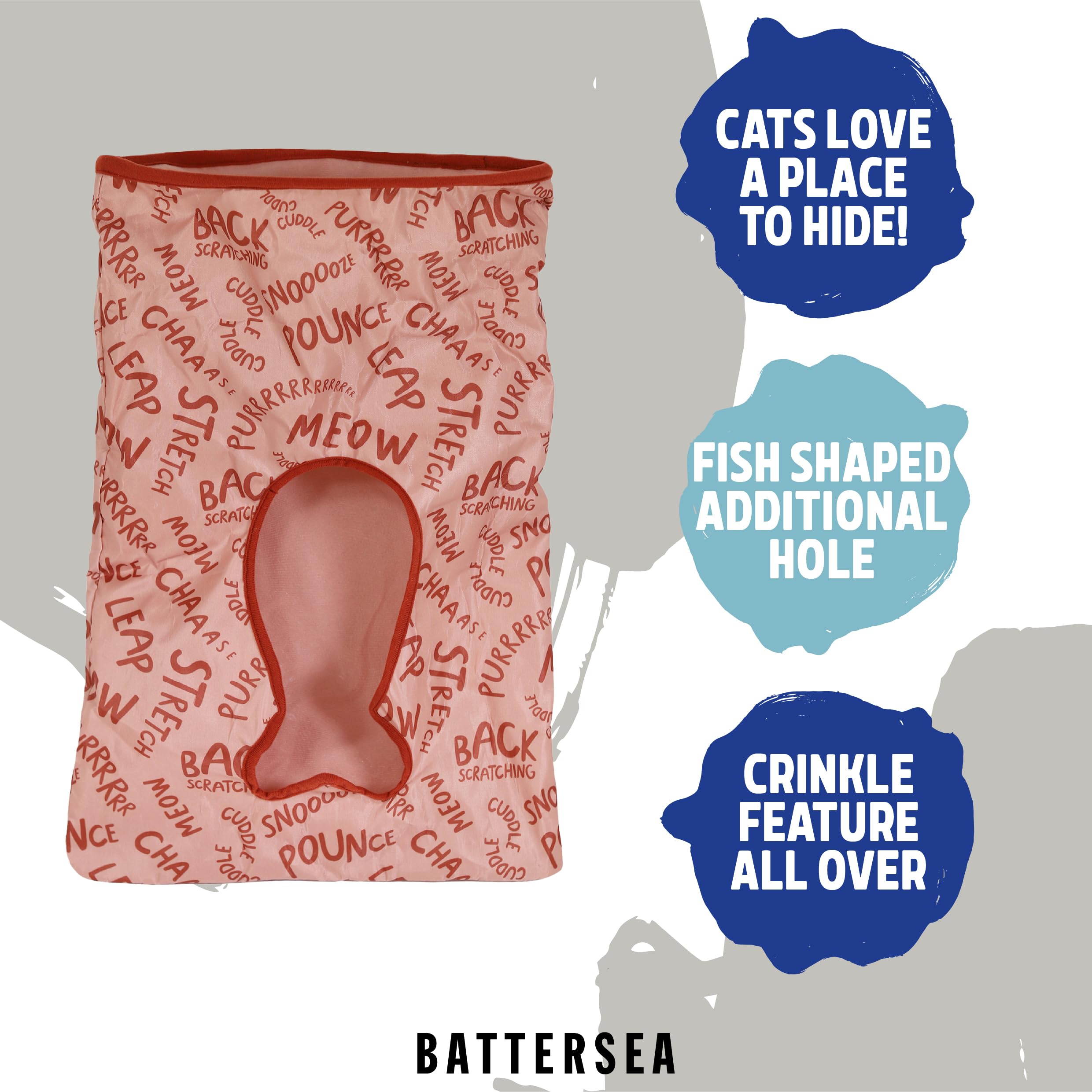 Rosewood Battersea Peek-A-Boo Crinkle Cat Toy Tunnel Sack - Pink | Lightweight & Portable