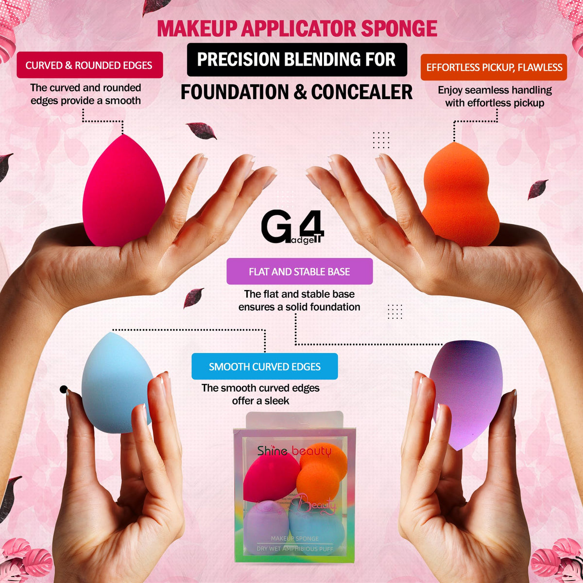 G4GADGET 4 Piece Makeup Sponges - Multi-Color, Non-Latex, Wet/Dry Use