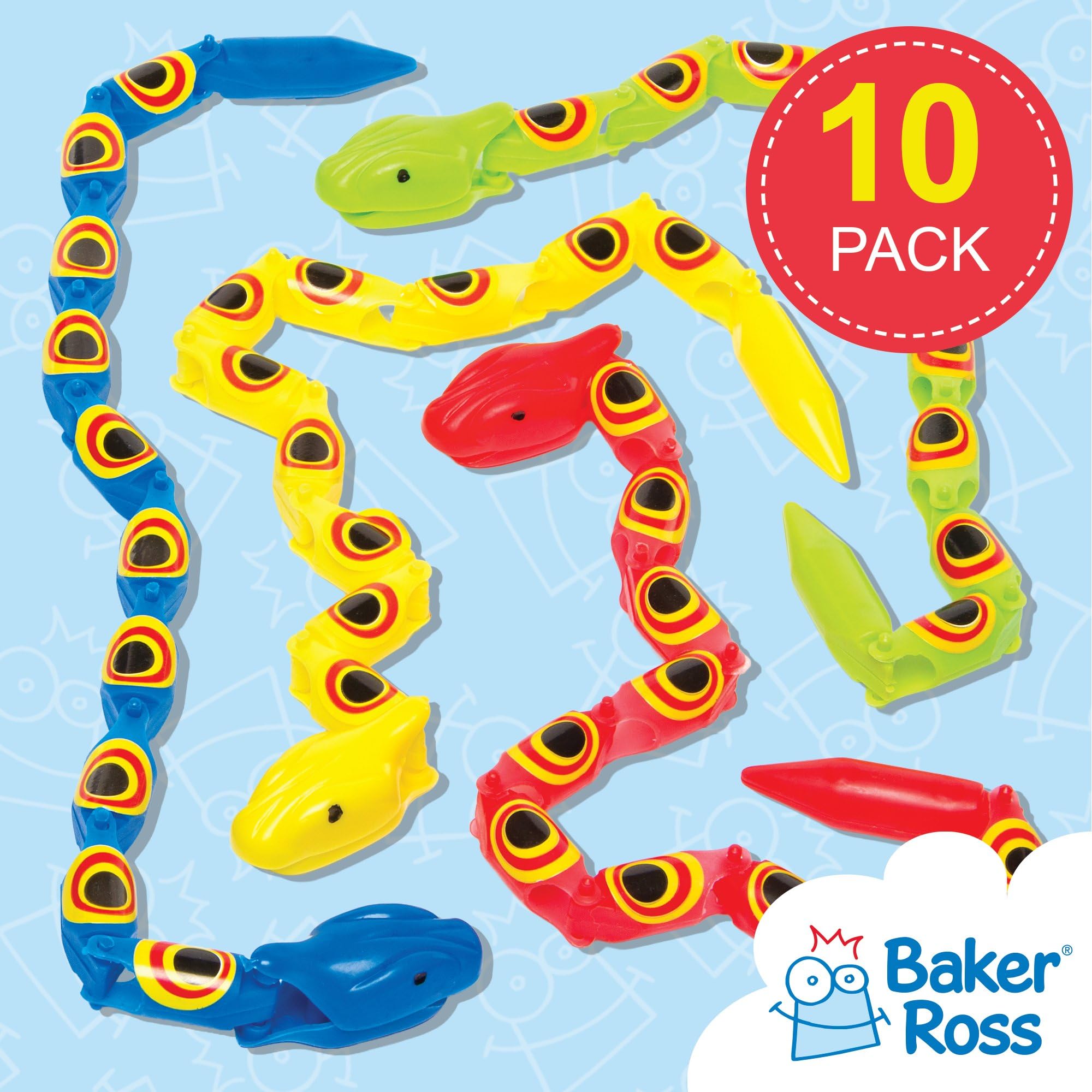 Baker Ross Jointed Wiggly Snakes - Pack of 10 Assorted Colour Party Favours | 36cm Long