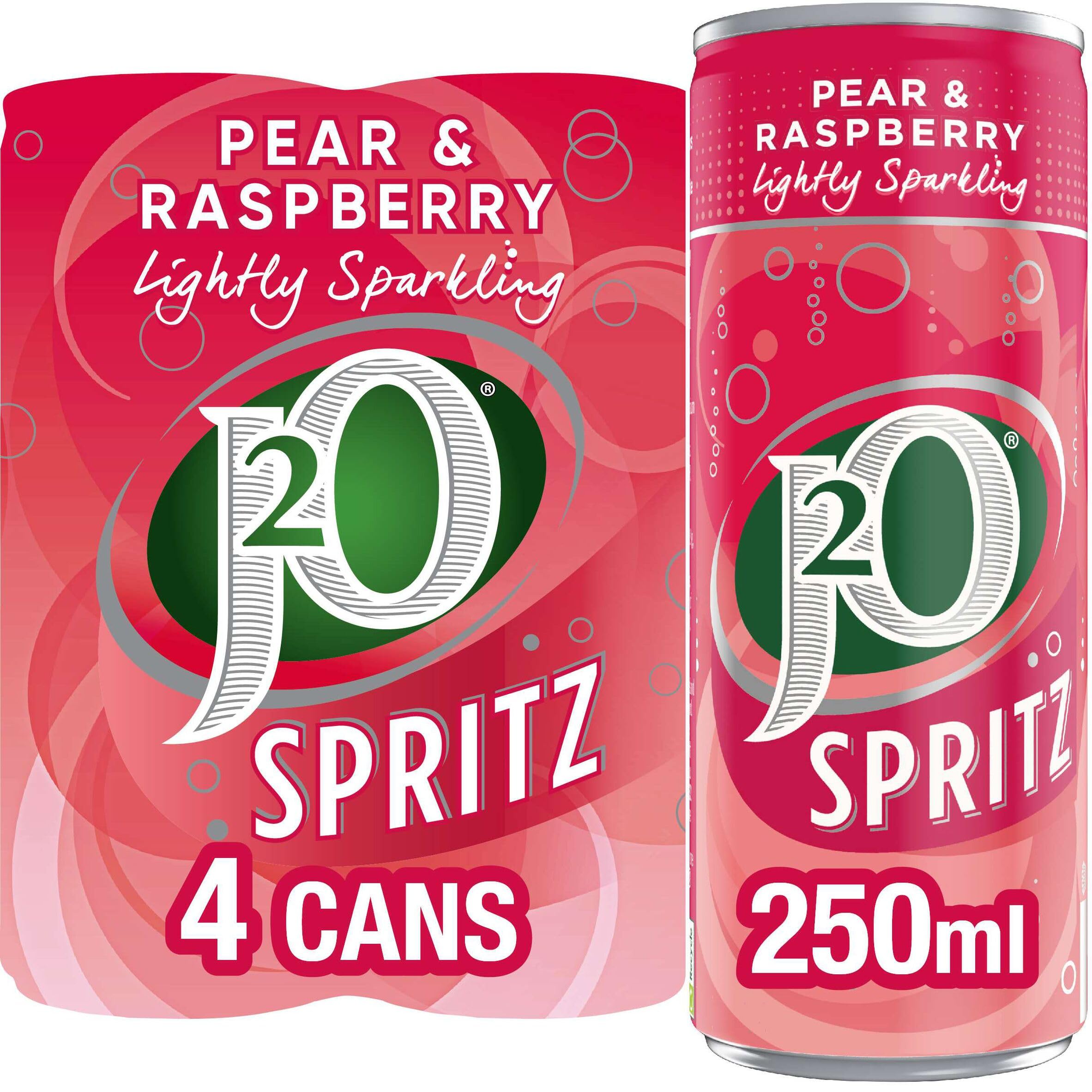 J2O Fruit Juice Spritz Blend - Pear and Raspberry, Lightly Fizzed | Low Calorie | Vegan | Pack of 4 x 250ml Cans