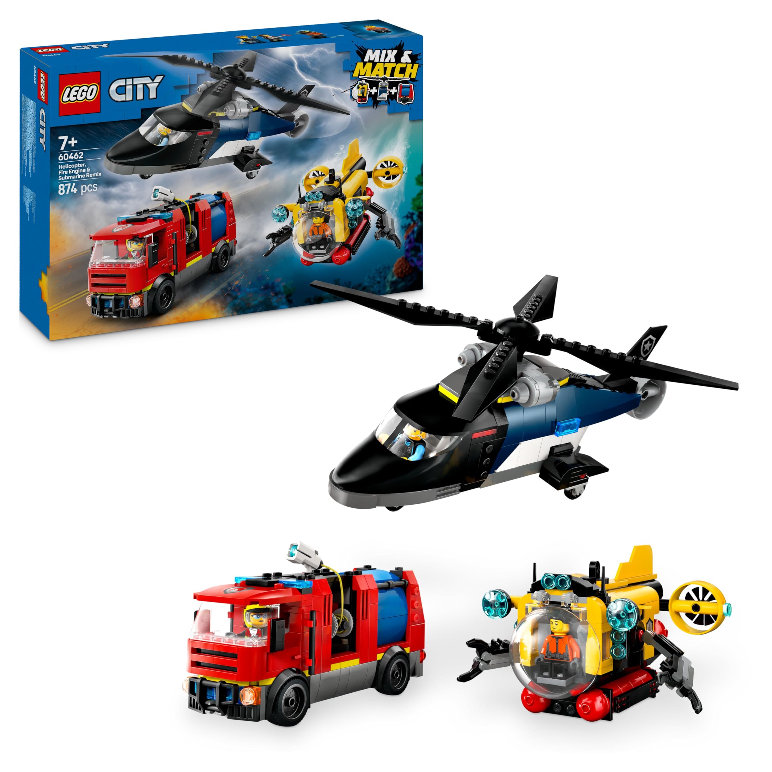 LEGO City 60462 Helicopter, Fire Truck & Submarine Remix Building Set | Ages 7+