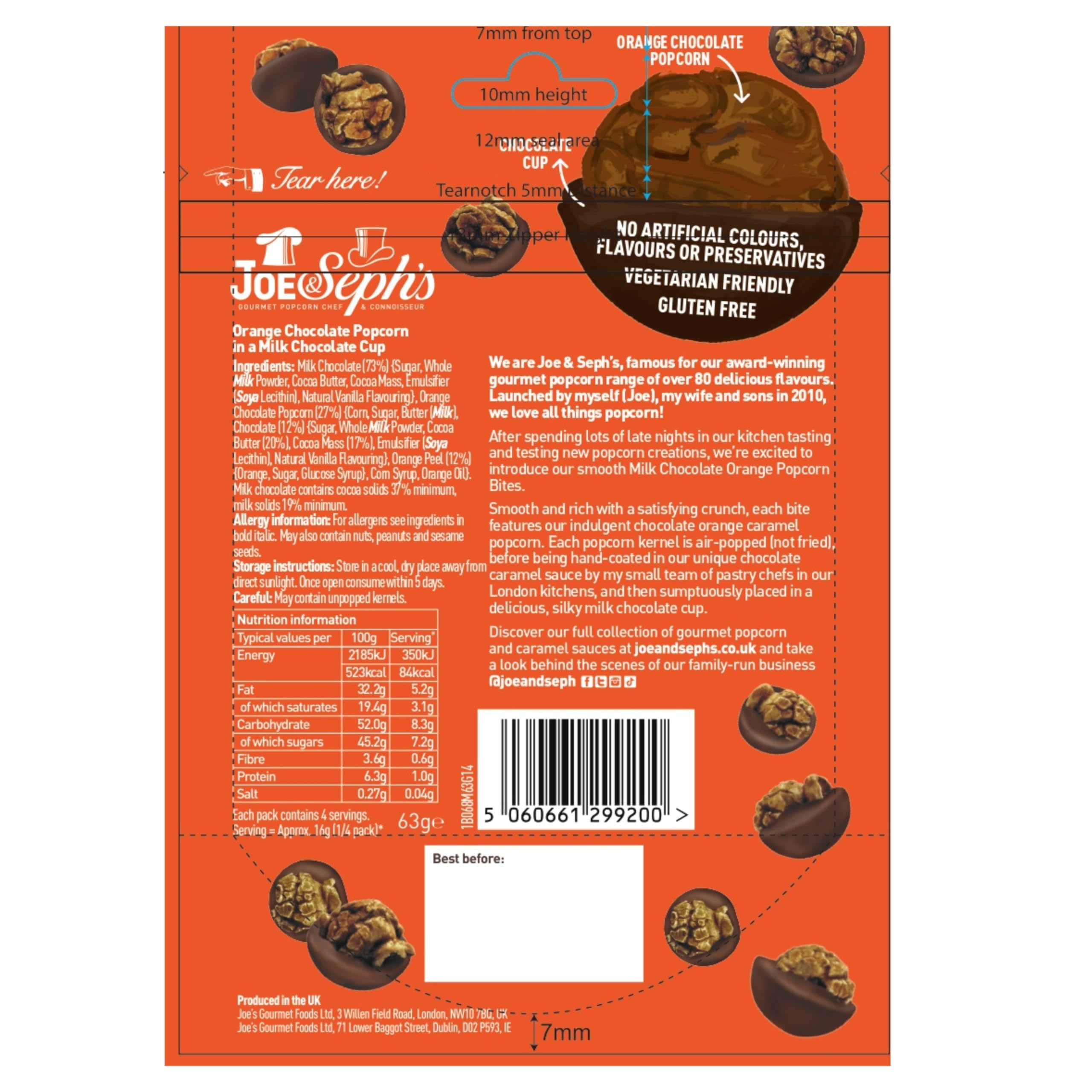Joe & Seph's Milk Chocolate Orange Popcorn Bites (63g) - Belgian Chocolate Coated Gourmet Popcorn