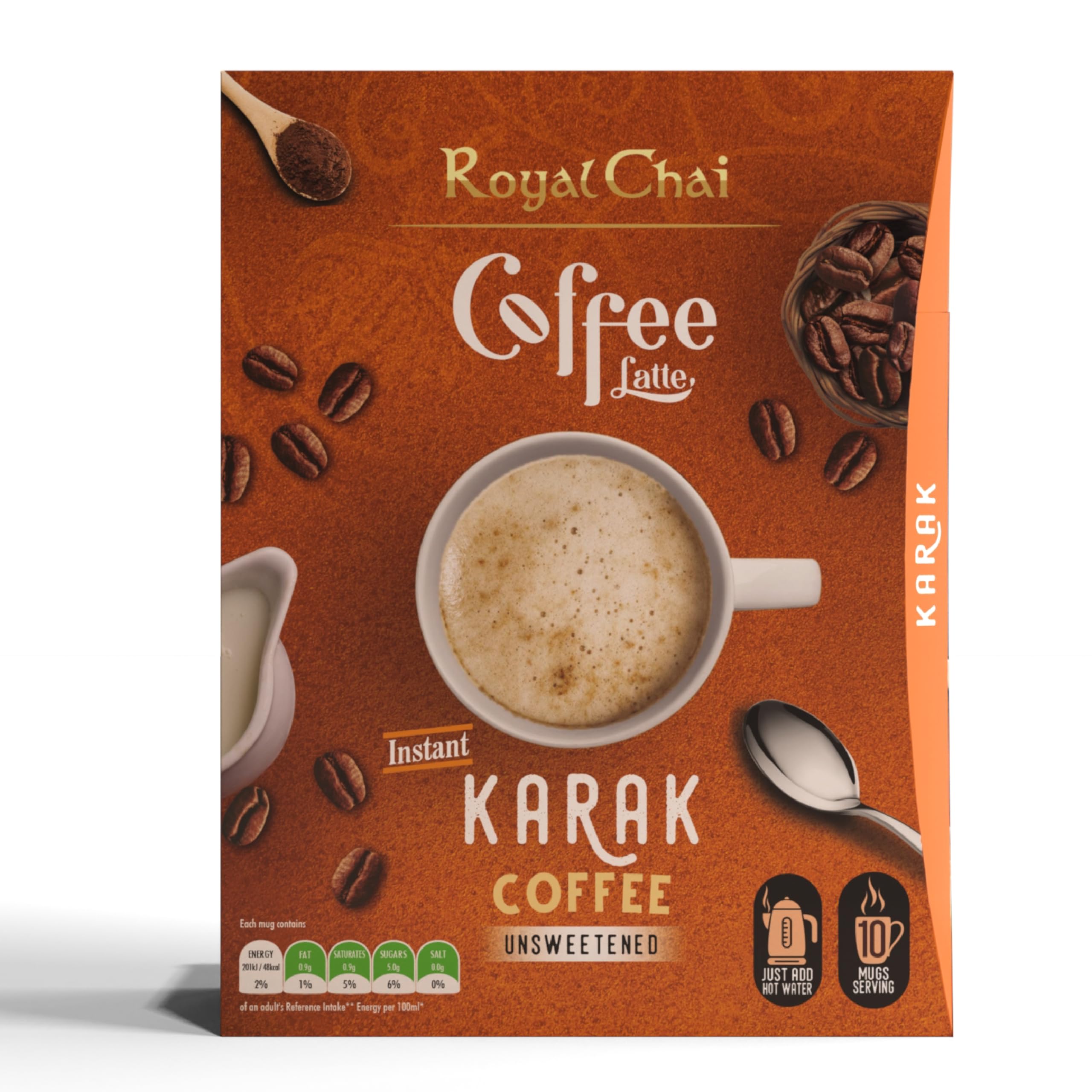 Royal Chai Coffee Latte Karak Coffee Unsweetened - 10 Single Serving Sachets