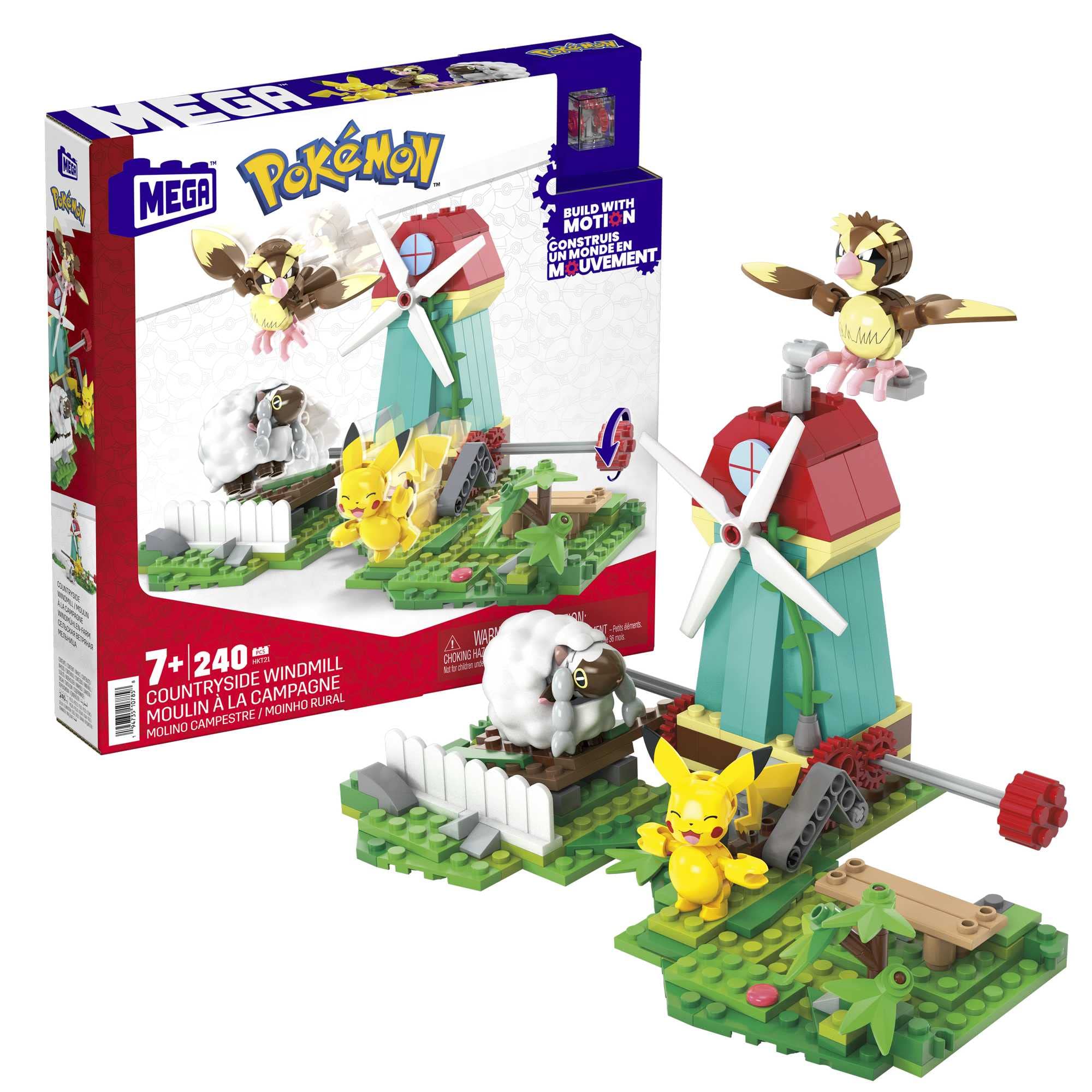 Mega Bloks Pokémon Countryside Windmill Building Set with Pikachu, Pidgey, Wooloo | 240 Pieces | Ages 7+