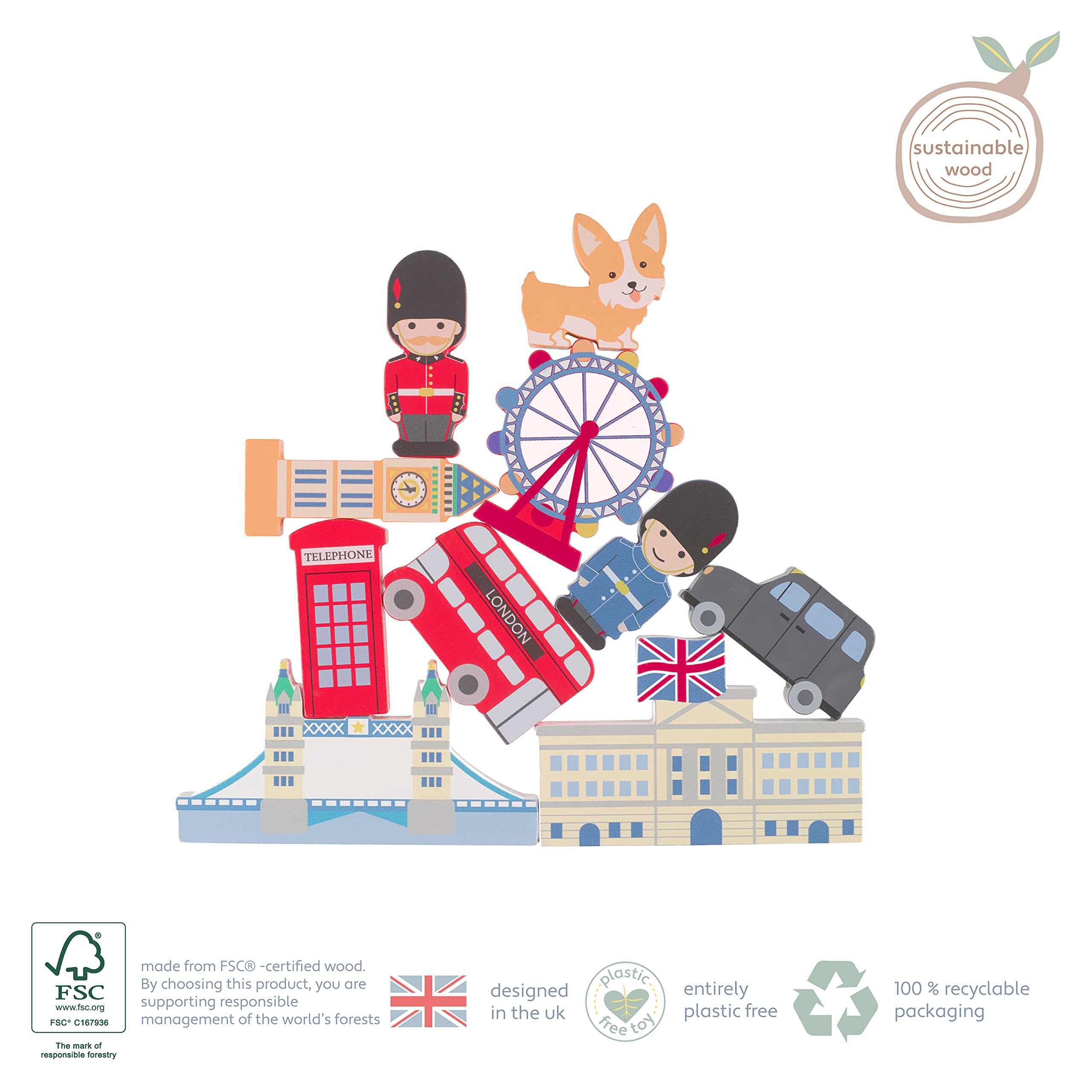 Orange Tree Toys Wooden Stacking Toy - London Bus & Landmarks Set for 1+ Year Olds 4