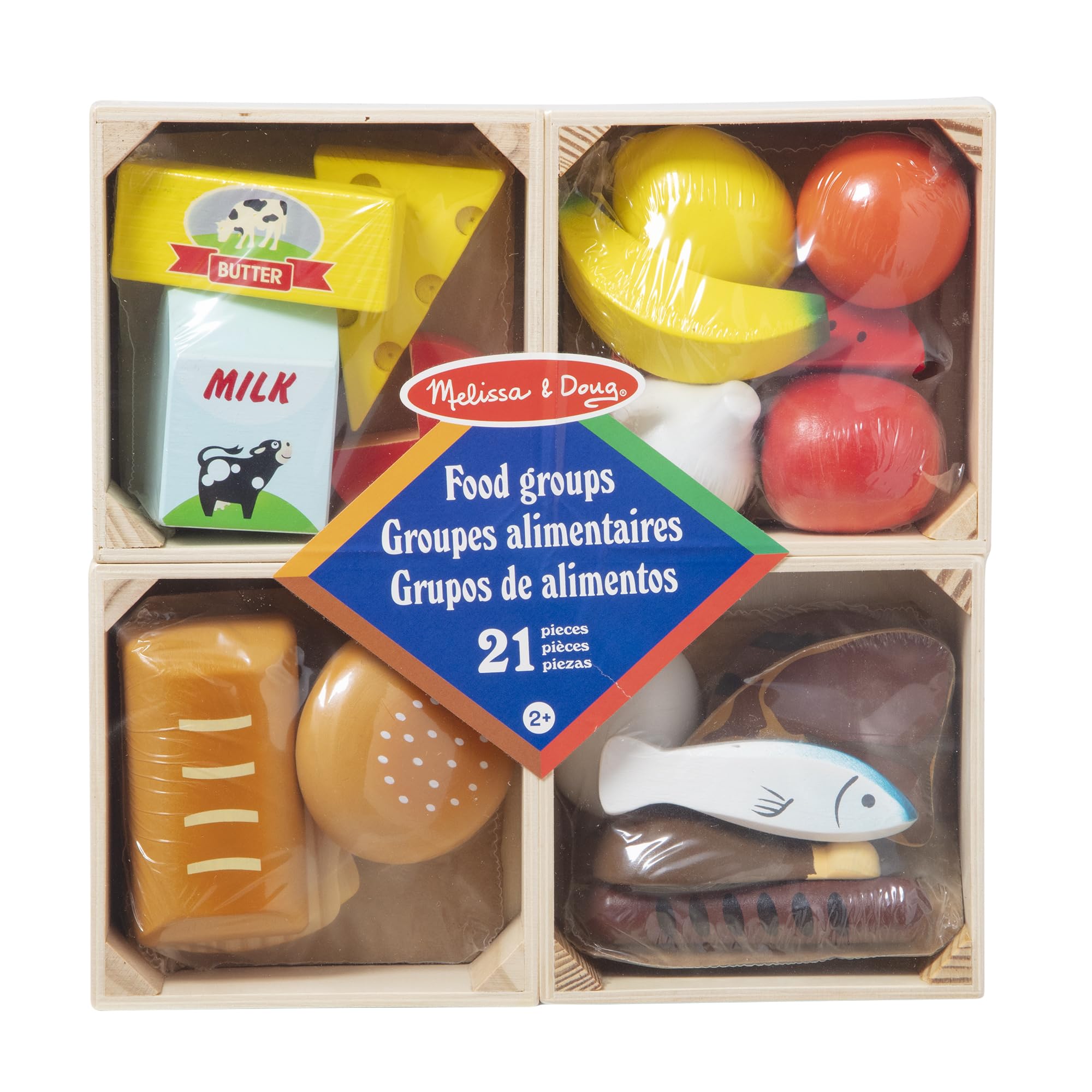 Melissa & Doug Wooden Food Groups Set - Role Play Kitchen Toy | Ages 3+ | Includes 4 Crates