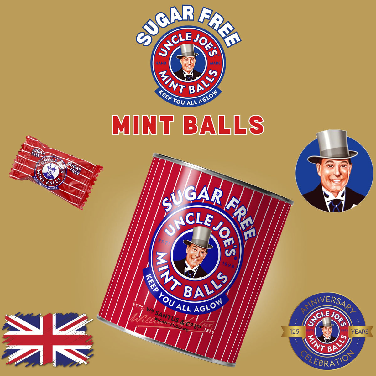 Uncle Joe's Sugar Free Mint Balls - 120g Tin | Gluten-Free | Vegetarian