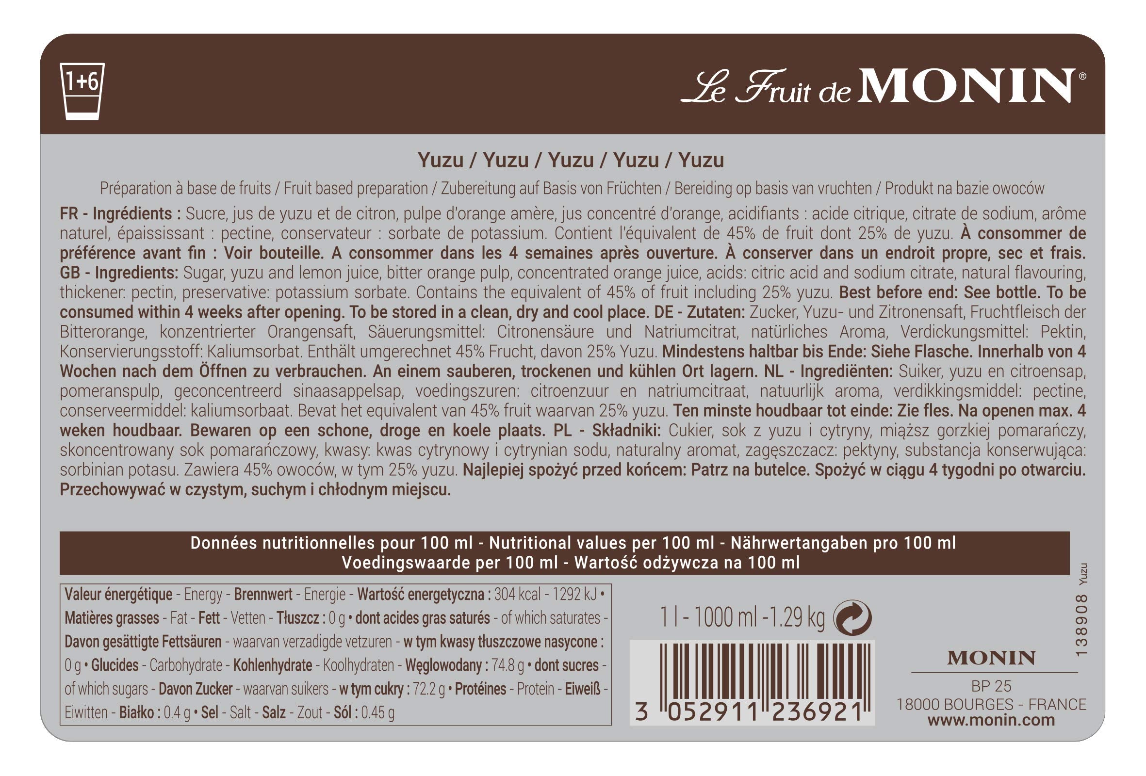 Monin Yuzu Fruit Mix Puree 1L - Vegan, Allergen-Free Citrus Syrup for Cocktails, Smoothies & Mocktails 6