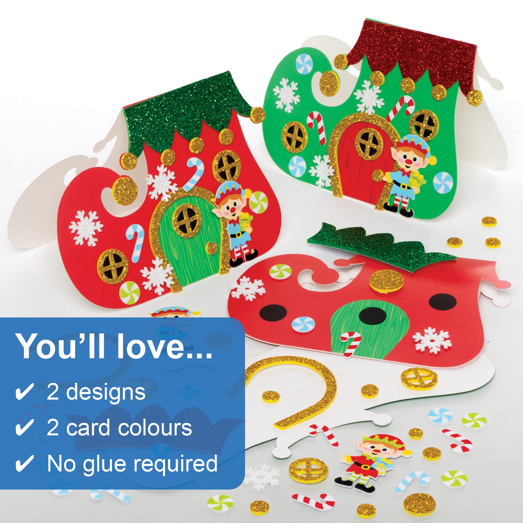 Baker Ross FE968 Christmas Elf Boot Card Kits - Pack of 6 Craft Kits for Kids 10